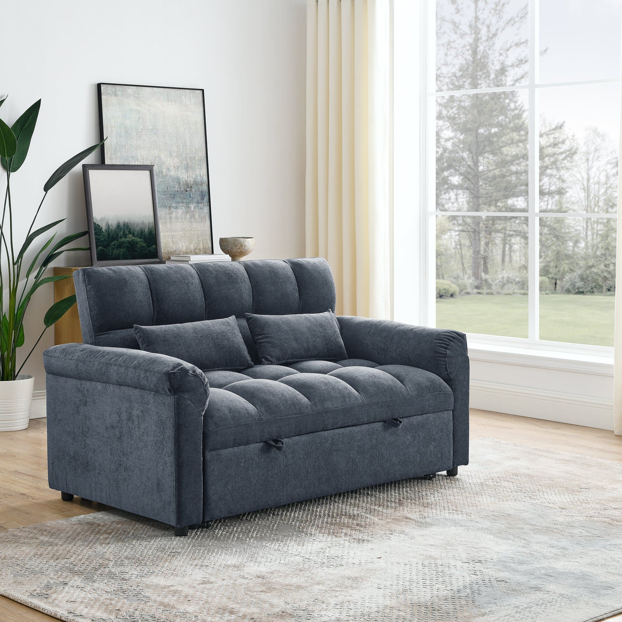 Loveseats Sofa Bed with Pull-out Bed,Adjsutable Back,Blue+ Grey