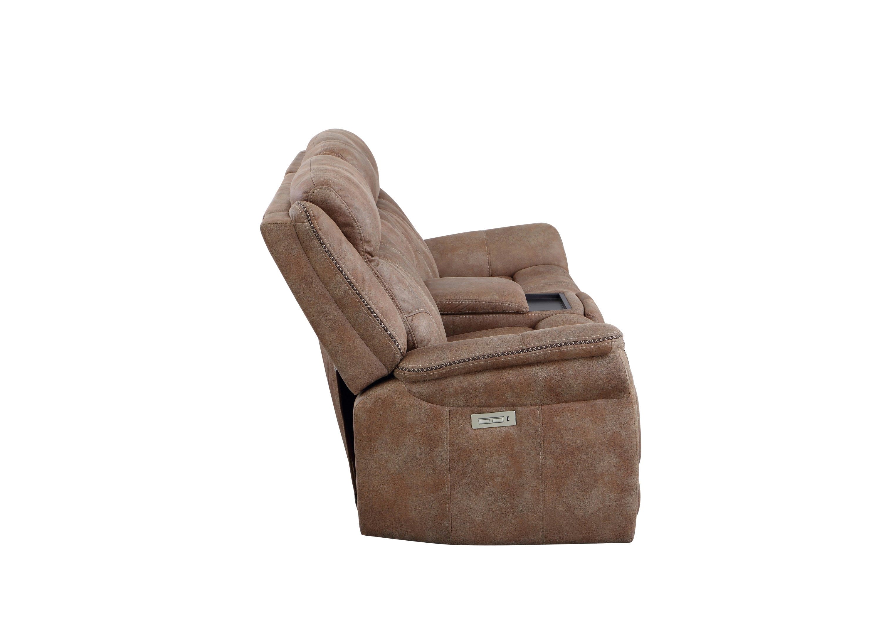 Transitional Console Loveseat - Warm Camel Faux-Suede, Power Footrest, Power Headrest - Concealed Cupholders, Built-In Console