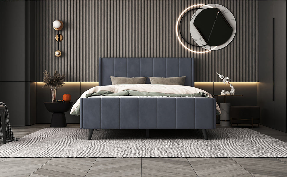 Full Size Upholstered Platform Bed, Velvet, Gray