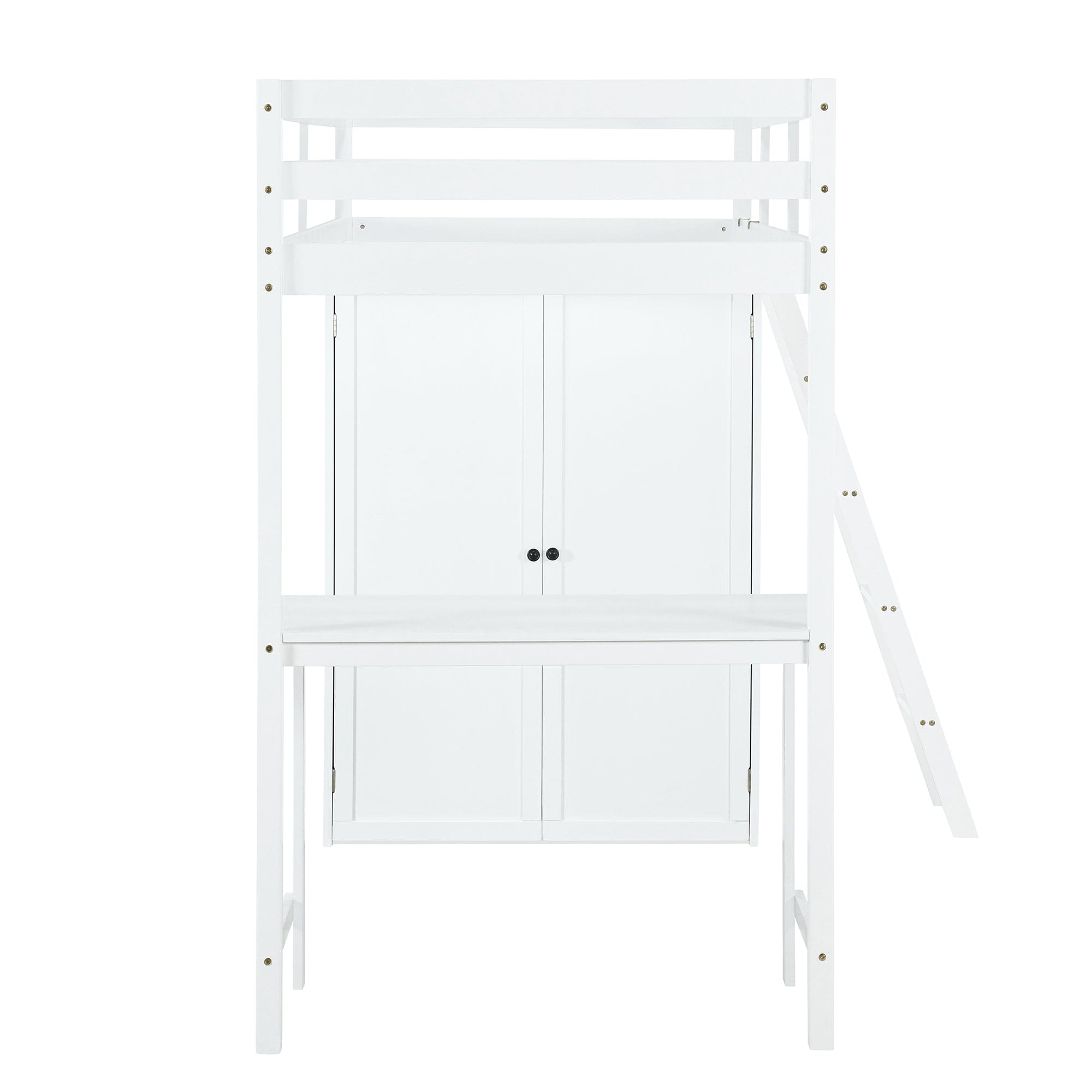 Twin Size Loft Bed with Wardrobe and Desk, White