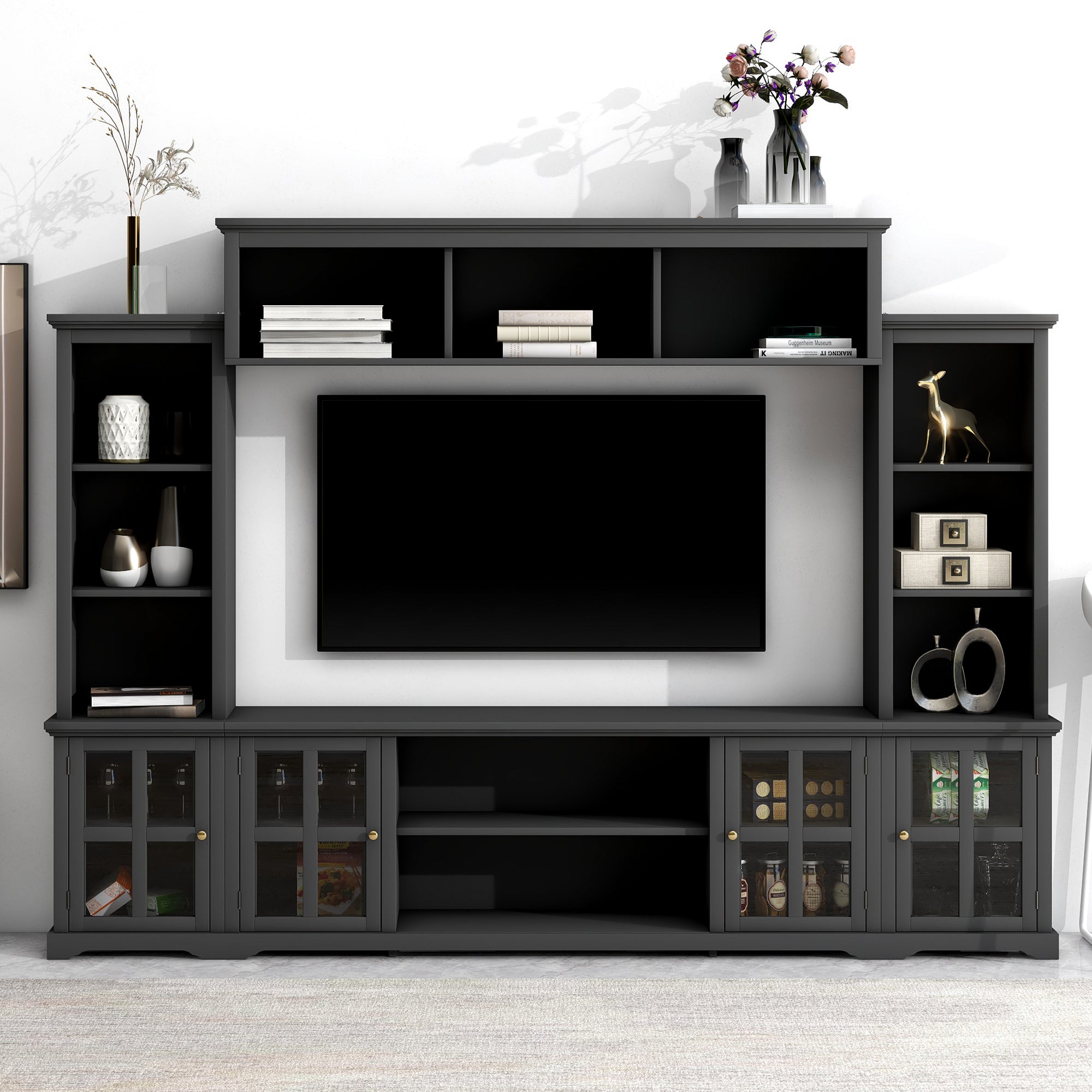 ON-TREND Minimalism Style Entertainment Wall Unit with Bridge, Modern TV Console Table for TVs Up to 70", Multifunctional TV Stand with Tempered Glass Door, Black (Old SKU: SD000009AAB)