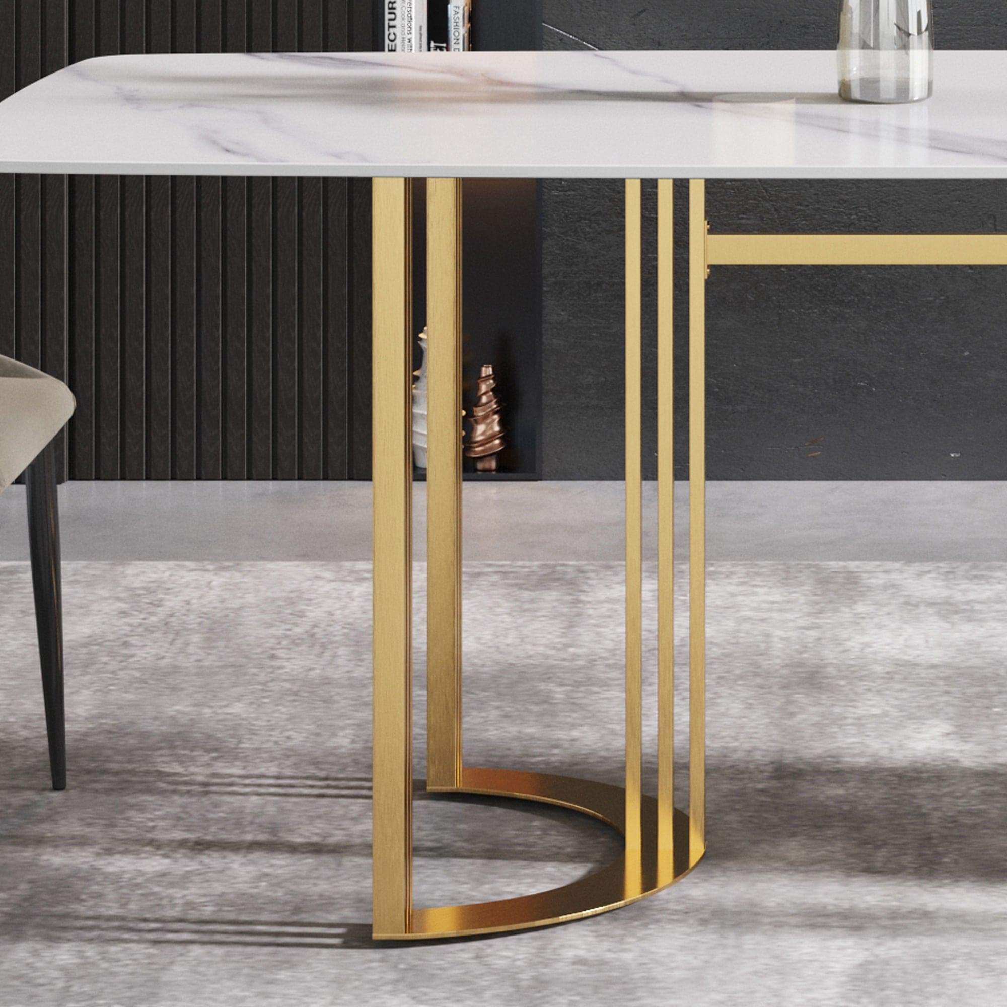 70.87"Modern artificial stone white curved golden metal leg dining table-can accommodate 6-8 people