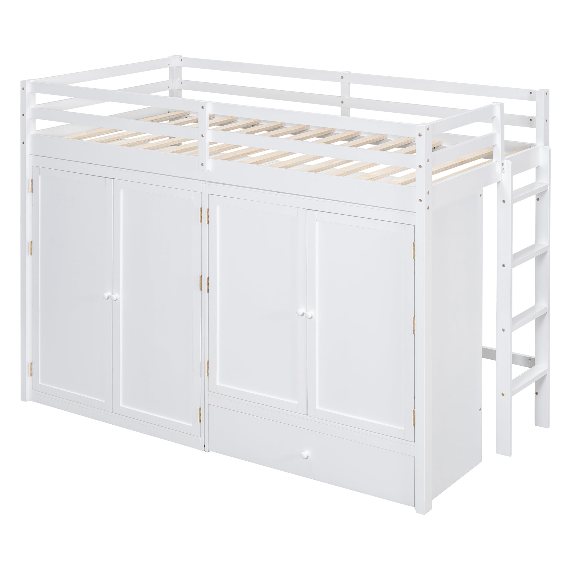 Twin size Loft Bed with Drawer, Two Wardrobes and Mirror, White