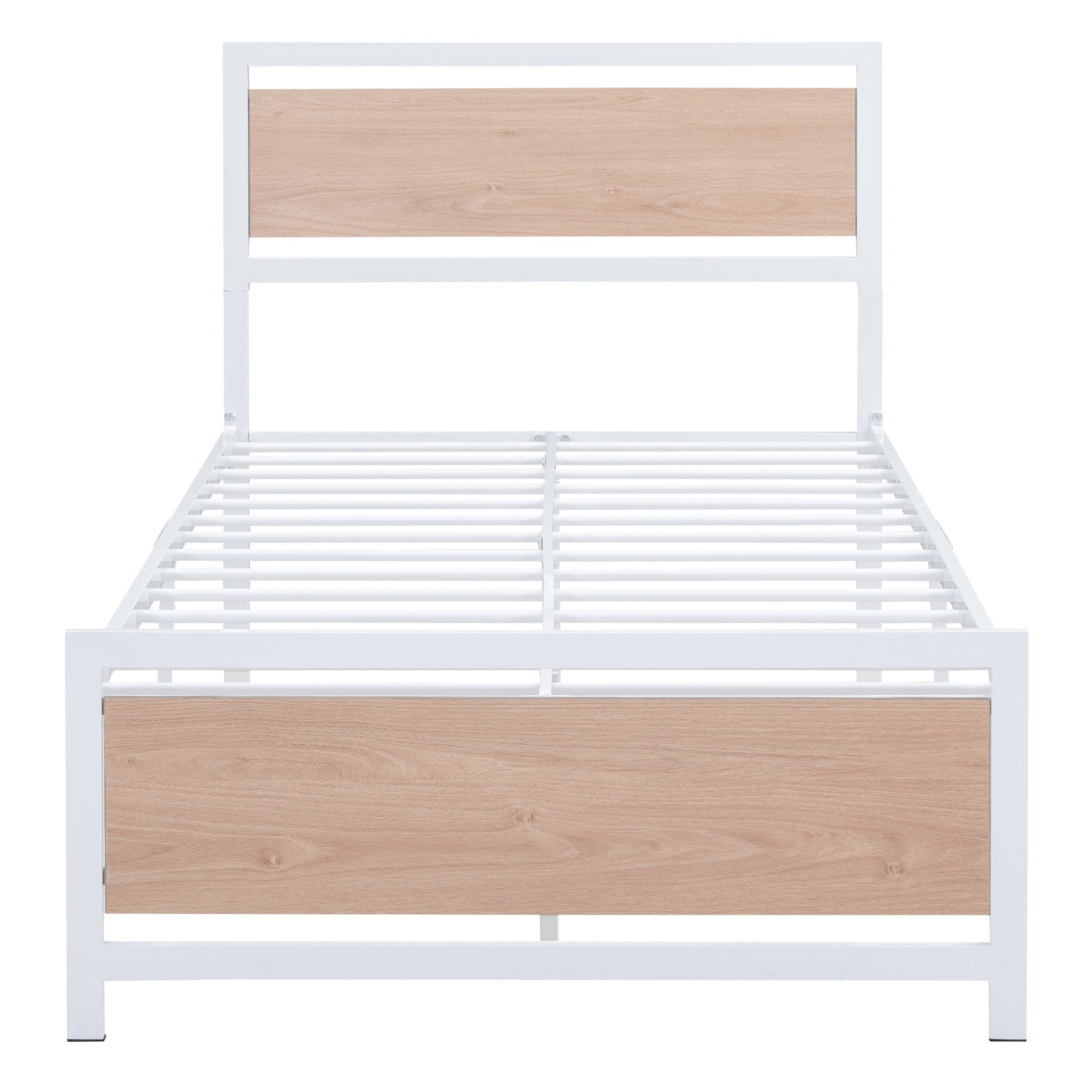 Twin Size Platform Bed, Metal and Wood Bed Frame with Headboard and Footboard , White