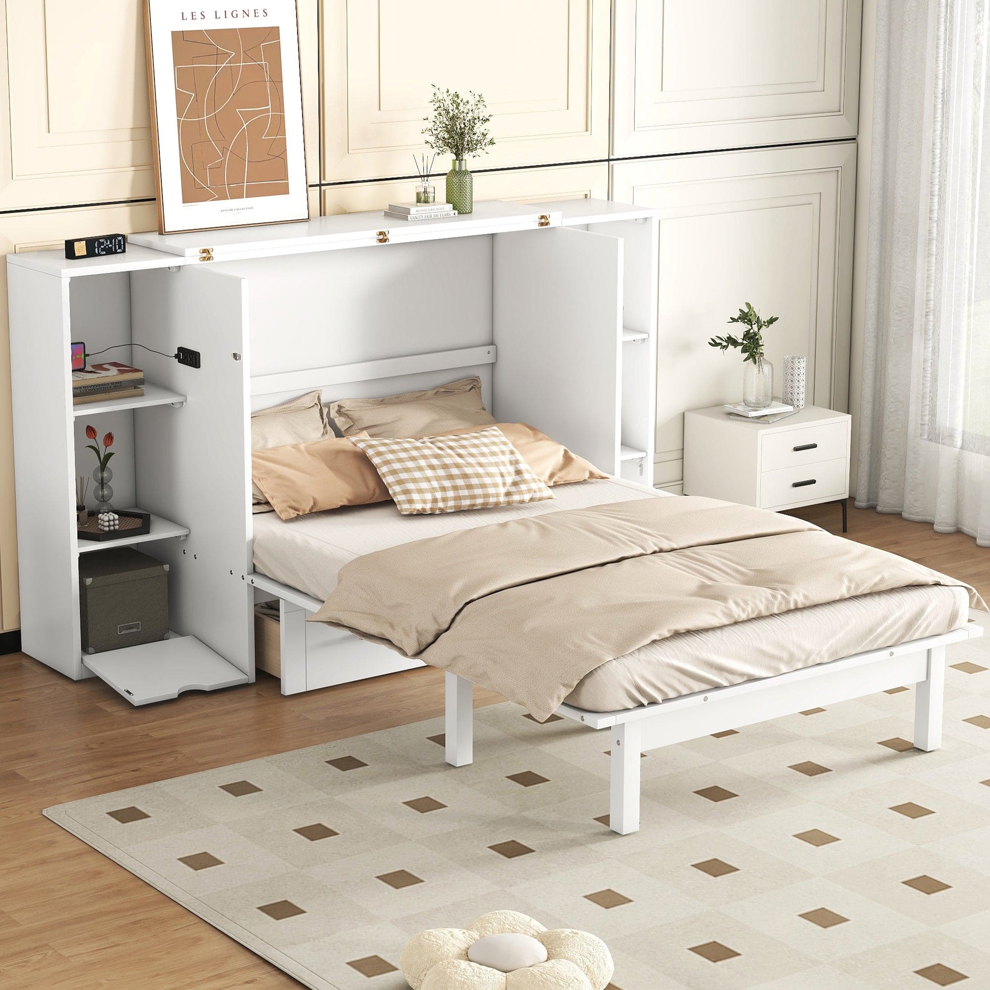 Queen Size Murphy Bed with Shelves, Drawers and USB Ports,White