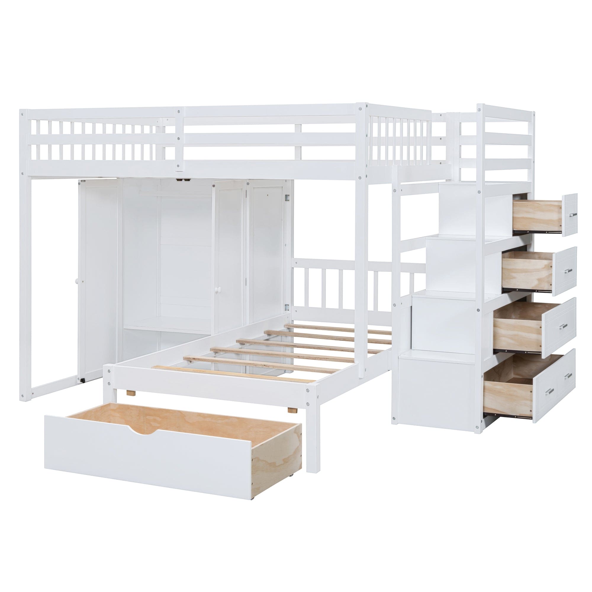 Full Over Twin Bunk Bed with Wardrobe, Drawers, White