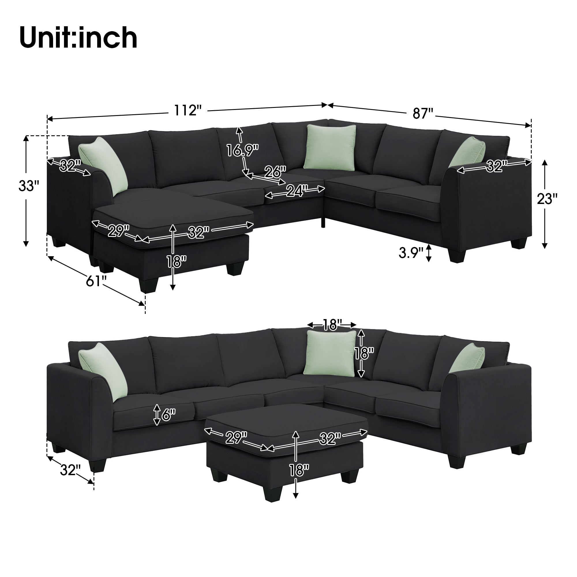 [VIDEO provided] 112*87" Sectional Sofa Couches Living Room Sets, 7 Seats Modular Sectional Sofa with Ottoman, L Shape Fabric Sofa Corner Couch Set with 3 Pillows, Black(New of GS008210AAB)