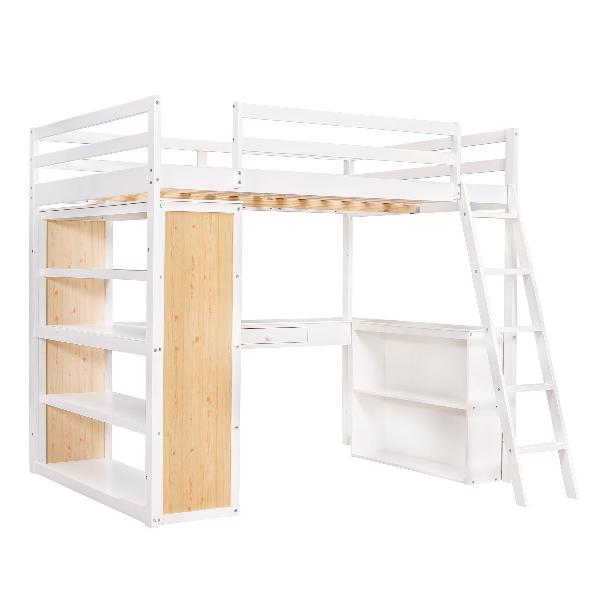 Full Size Loft Bed with Ladder, Shelves, and Desk, White(OLD SKU:LT000226AAK)