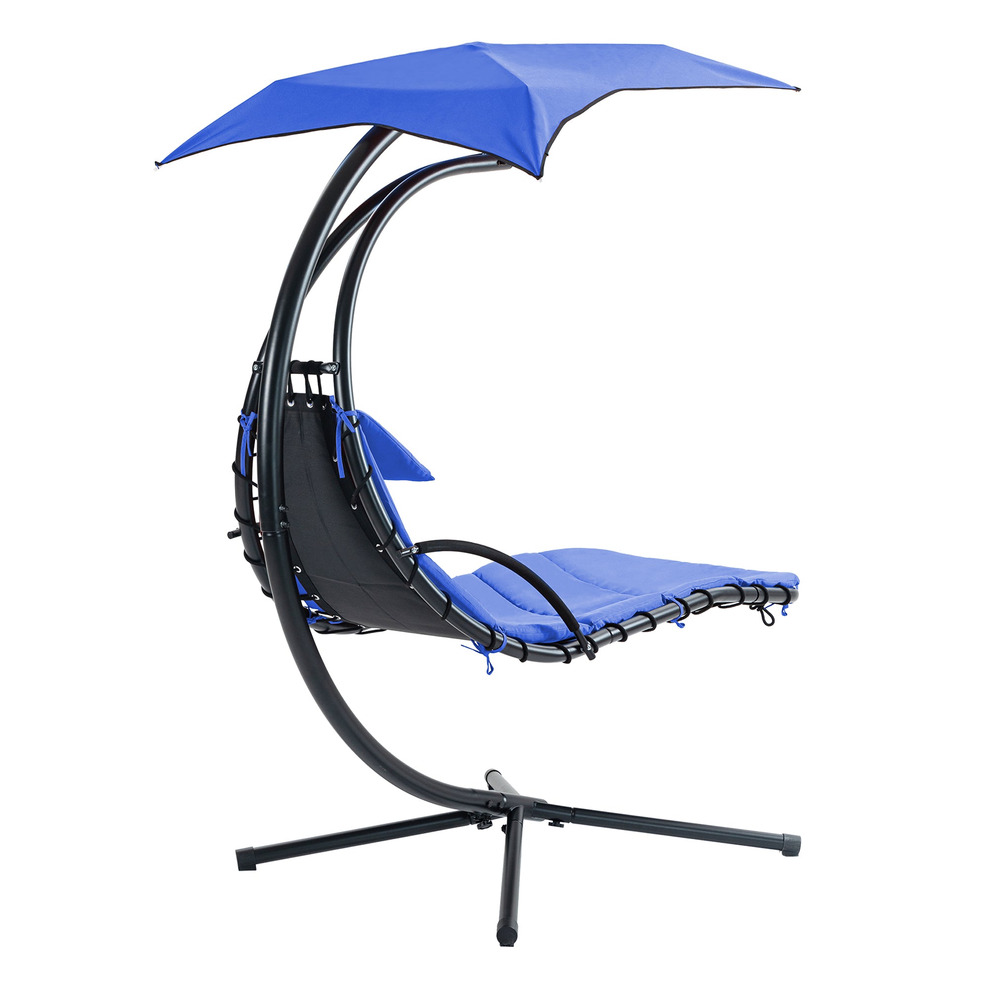 Hanging Chaise Lounger with Removable Canopy, Outdoor Swing Chair with Built-in Pillow, Hanging Curved Chaise Lounge Chair Swing for Patio Porch Poolside, Hammock Chair with Stand (Blue)