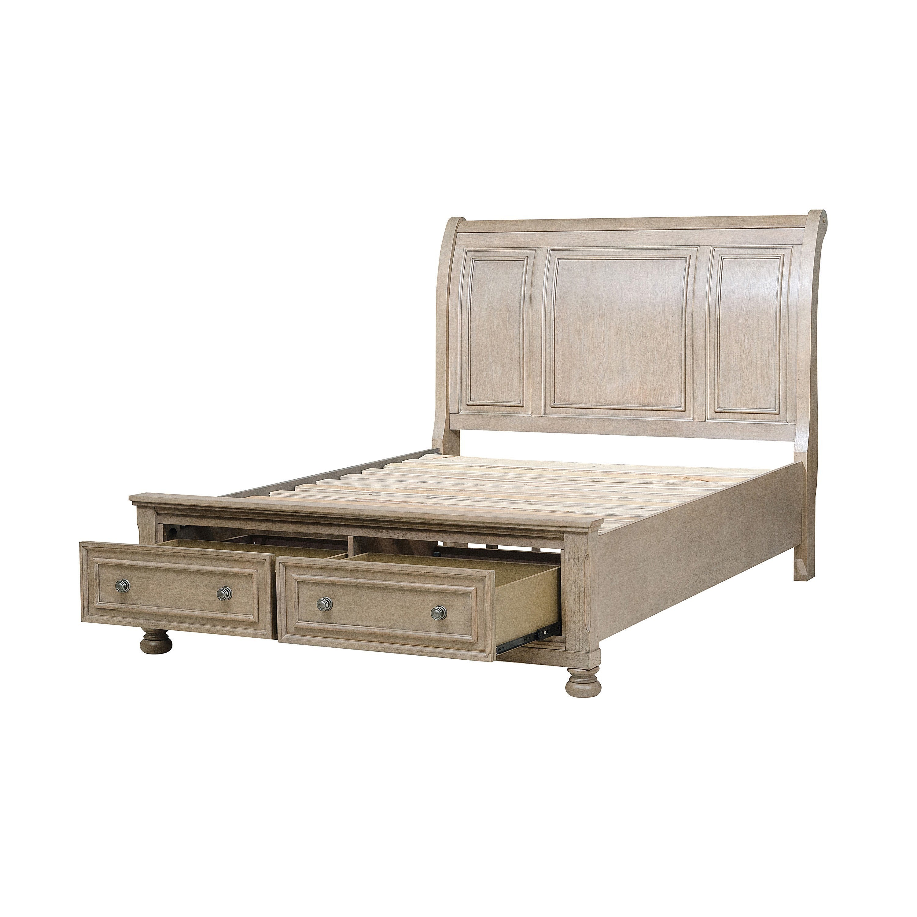 Classic Style Queen Size Sleigh Bed 1pc with Footboard Storage Drawers Wire Brushed Gray Finish Wooden Furniture