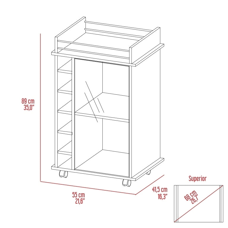 Bar Cart Baltimore, Two Tier Cabinet With Glass Door, Six Wine Cubbies, Light Oak Finish