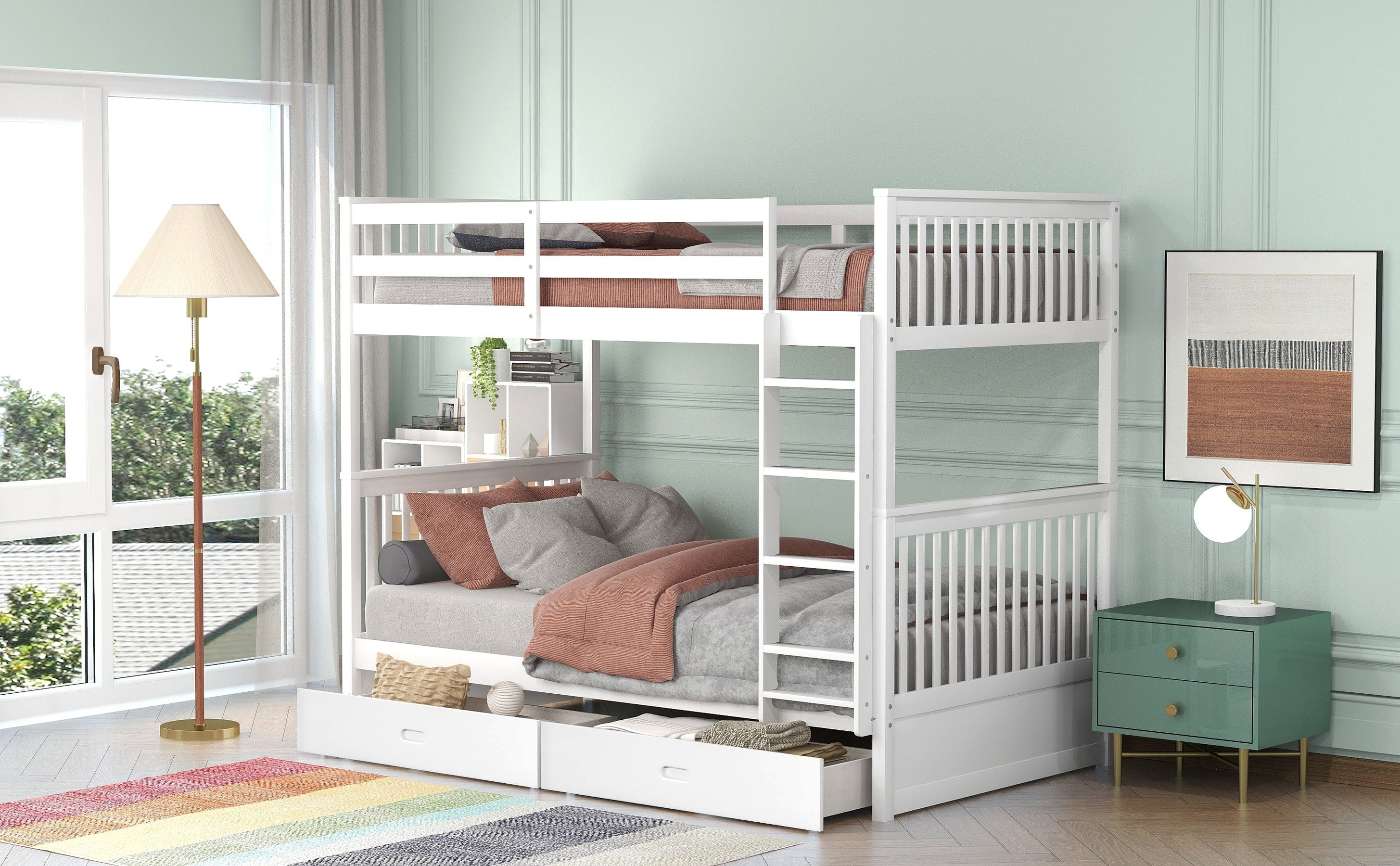 Twin-Over-Twin Bunk Bed with Ladders and Two Storage Drawers (White)(OLD SKU:LT000265AAK)