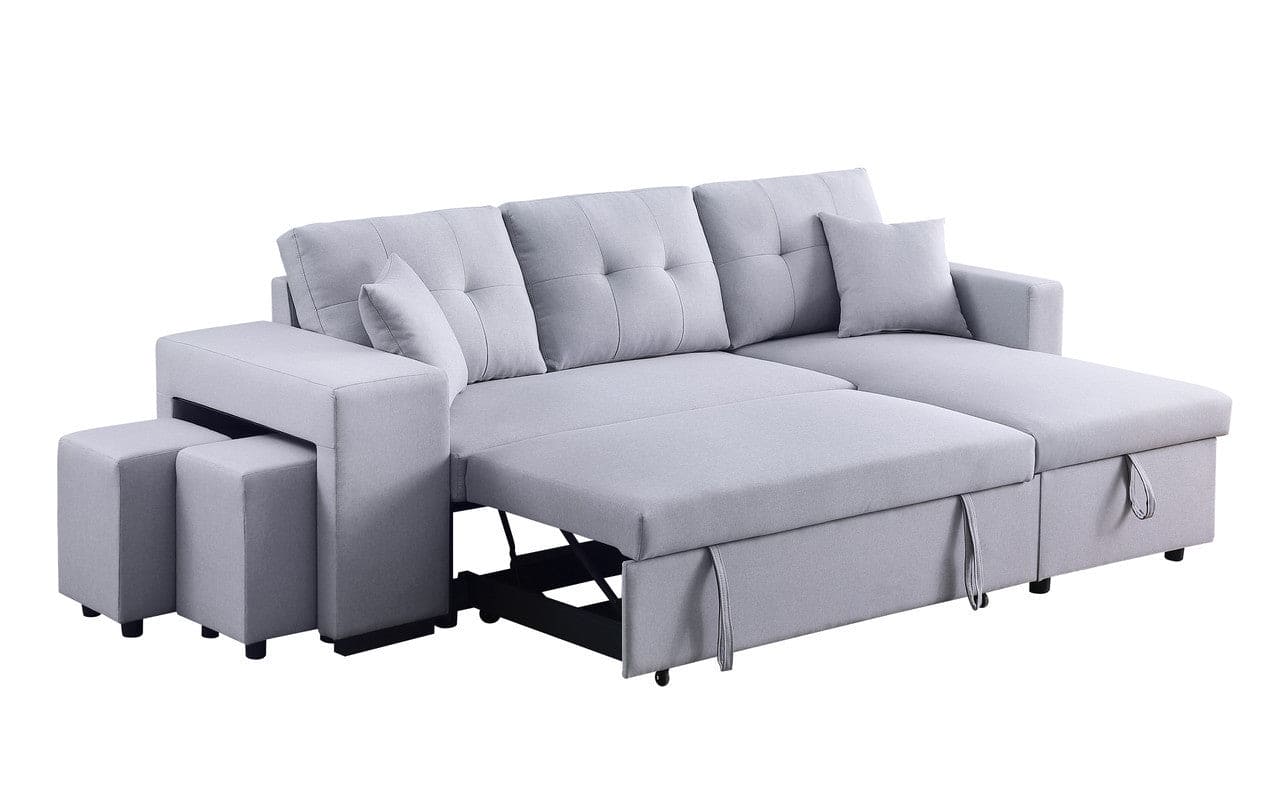 Dennis Light Gray Linen Fabric Reversible Sleeper Sectional with Storage Chaise and 2 Stools