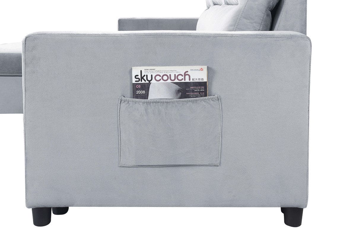 Ivy Light Gray Velvet Reversible Sleeper Sectional Sofa with Storage Chaise and Side Pocket