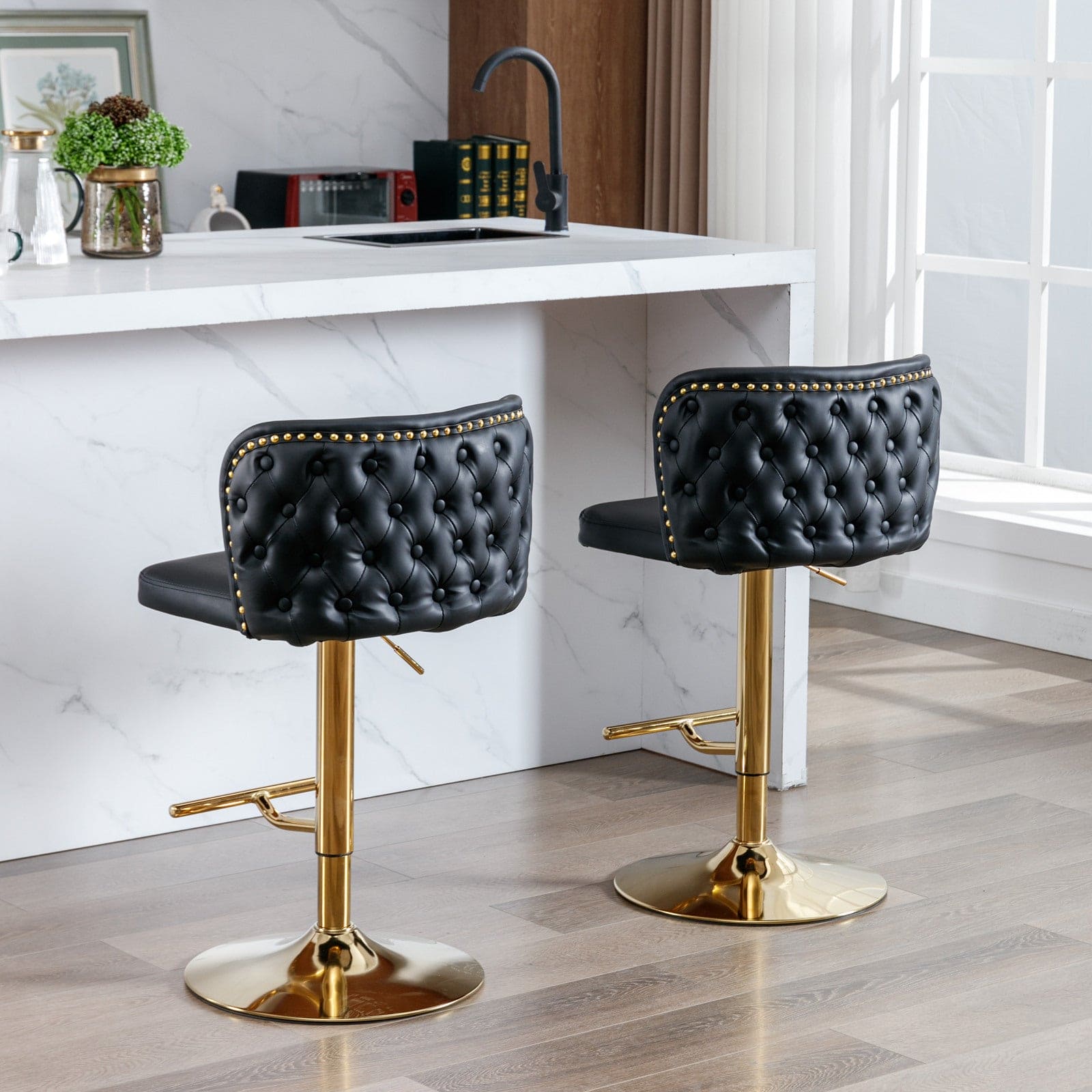 A&A Furniture,Swivel Barstools Adjusatble Seat Height, Modern PU Upholstered Bar Stools with  the whole Back Tufted, for Home Pub and Kitchen Island（Black, Set of 2）