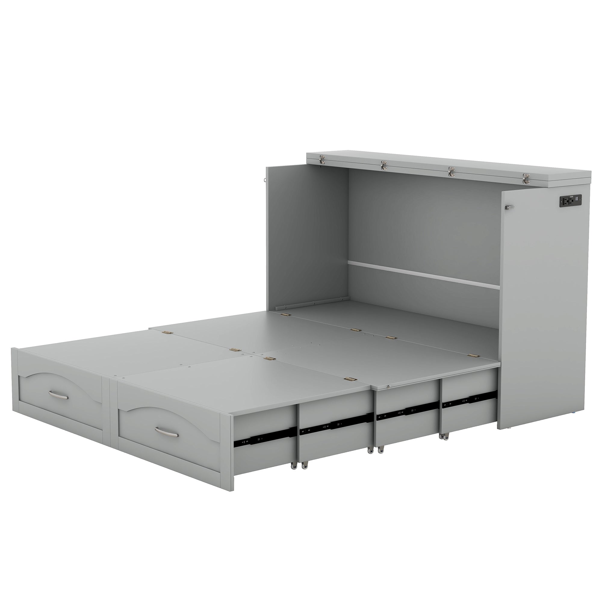 Queen Size Murphy Bed Wall Bed with drawer and a set of Sockets & USB Ports, Pulley Structure Design, Gray