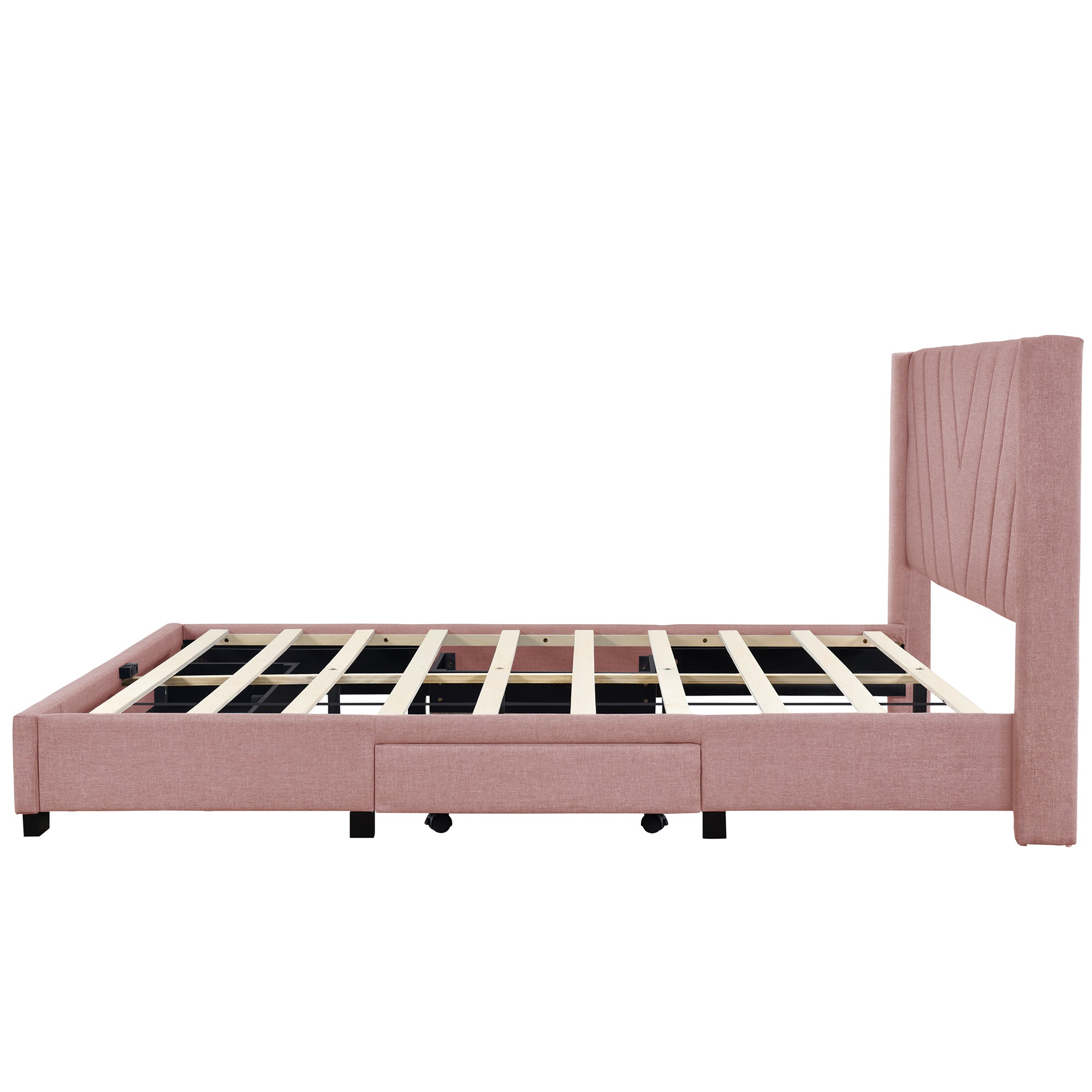 Queen Size Storage Bed Linen Upholstered Platform Bed with 3 Drawers (Pink)