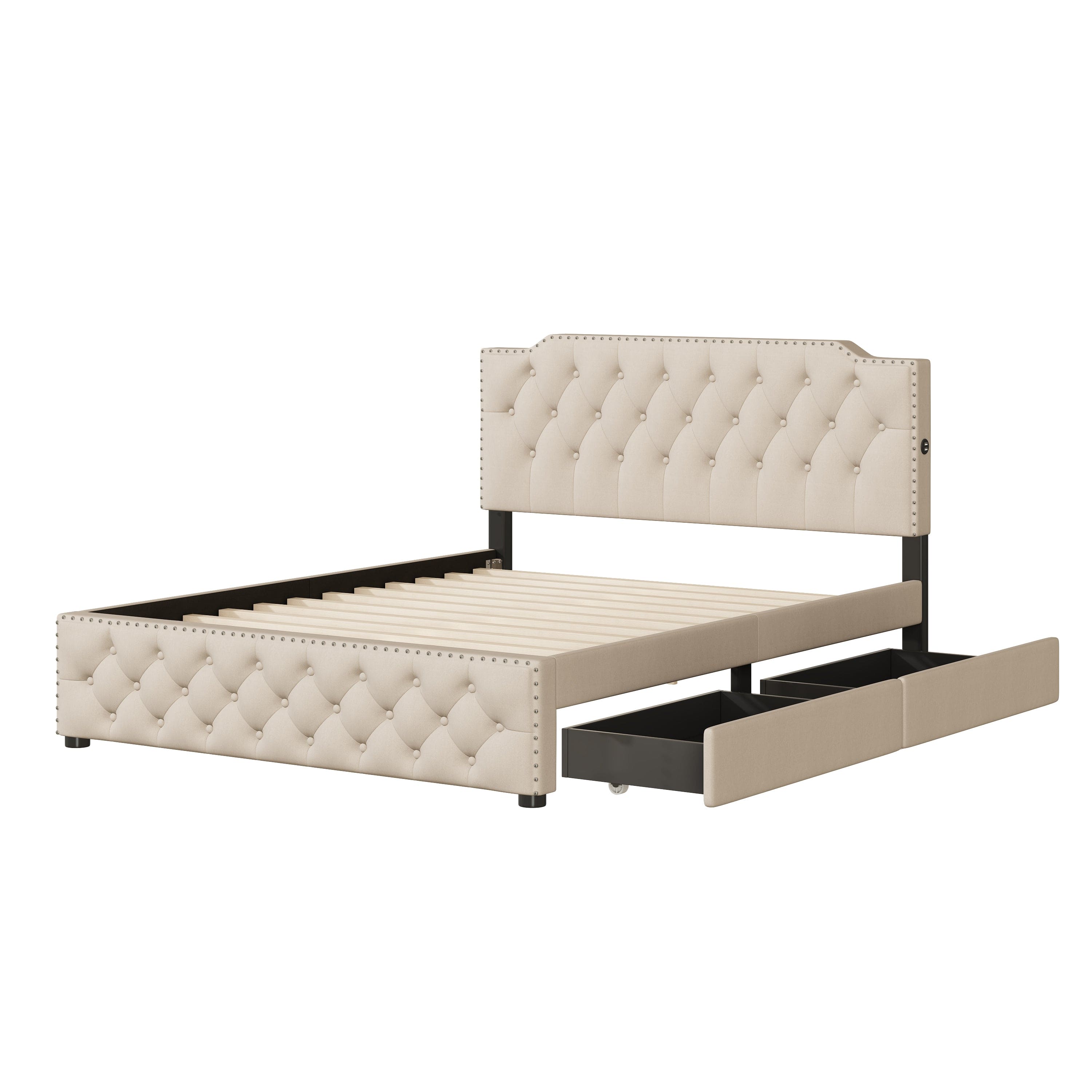 Queen Size Upholstered Platform Bed with 2 Drawers and 2 sets of USB Ports on each side, Linen Fabric, Beige