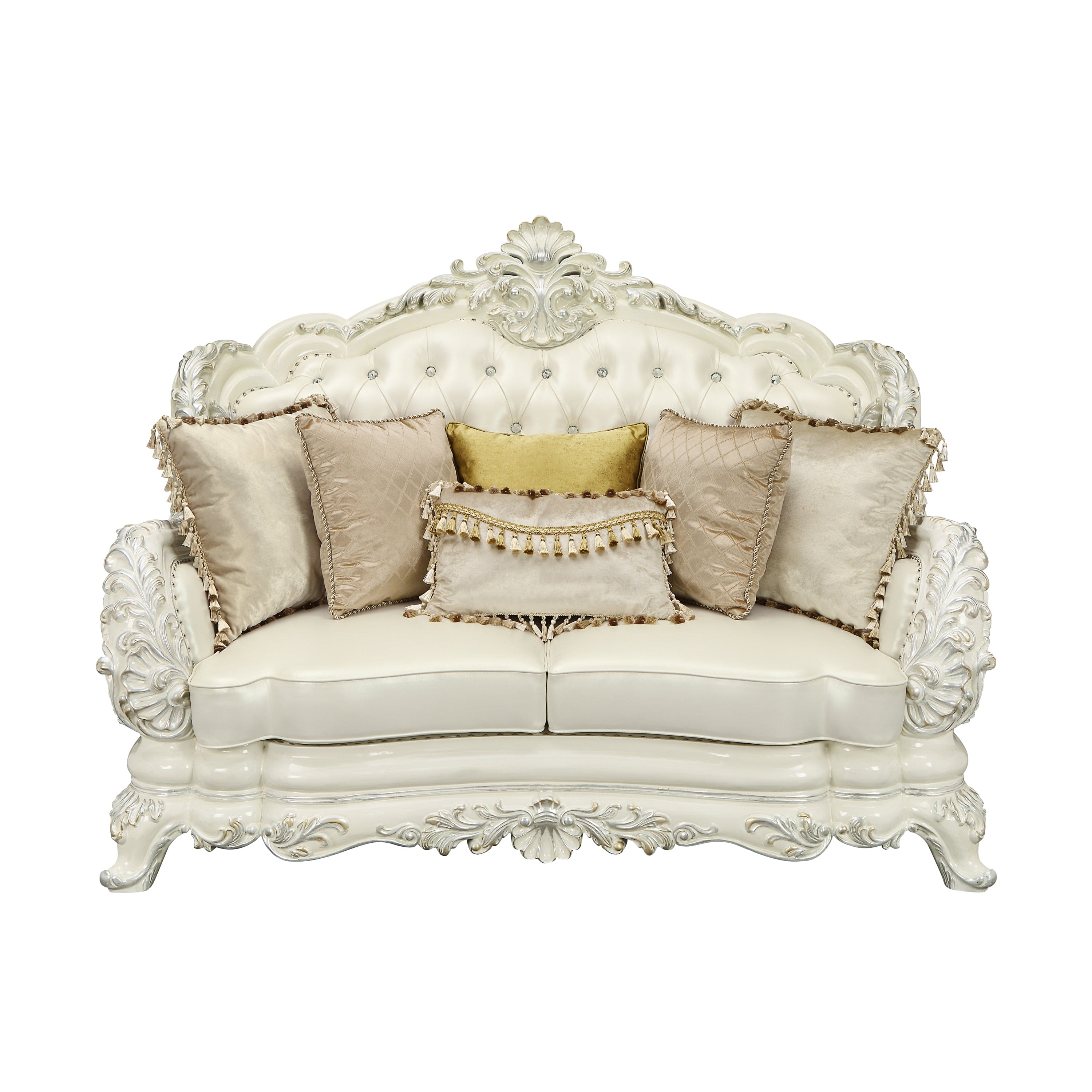 ACME Adara LOVESEAT W/5 PILLOWS Pearl White PU & Antique White Finish LV01225