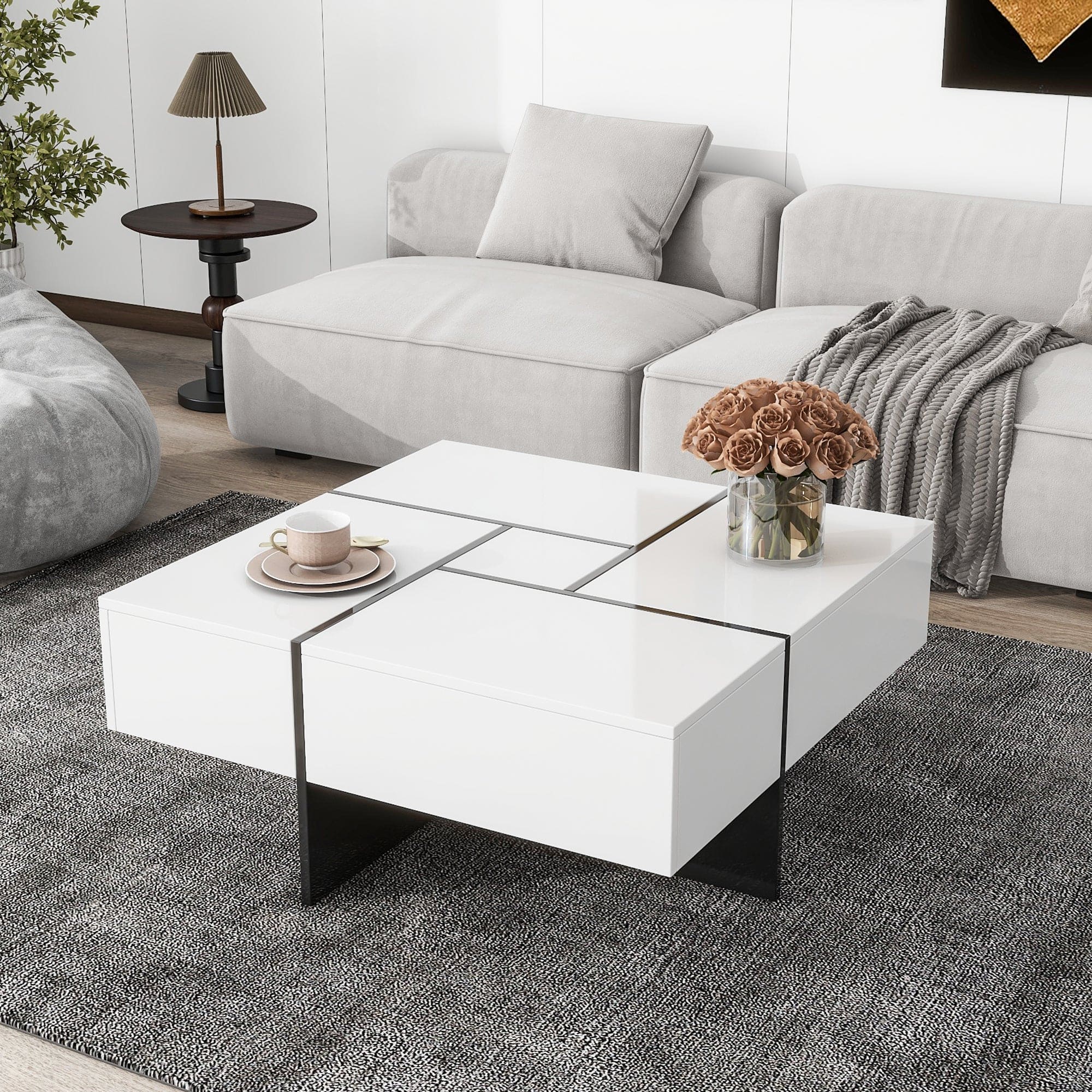 ON-TREND Unique Design Coffee Table with 4 Hidden Storage Compartments, Square Cocktail Table with Extendable Sliding Tabletop, UV High-gloss Design Center Table for Living Room, 31.5"x 31.5"