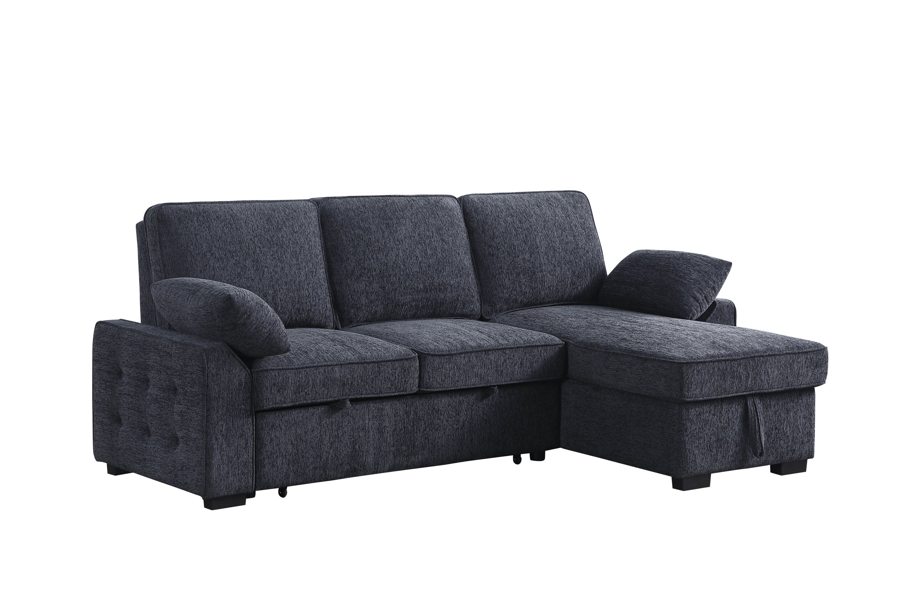 Mackenzie Dark Gray Chenille Fabric Reversible Sleeper Sectional with Storage Chaise, Drop-Down Table, Cup Holders and Charging Ports