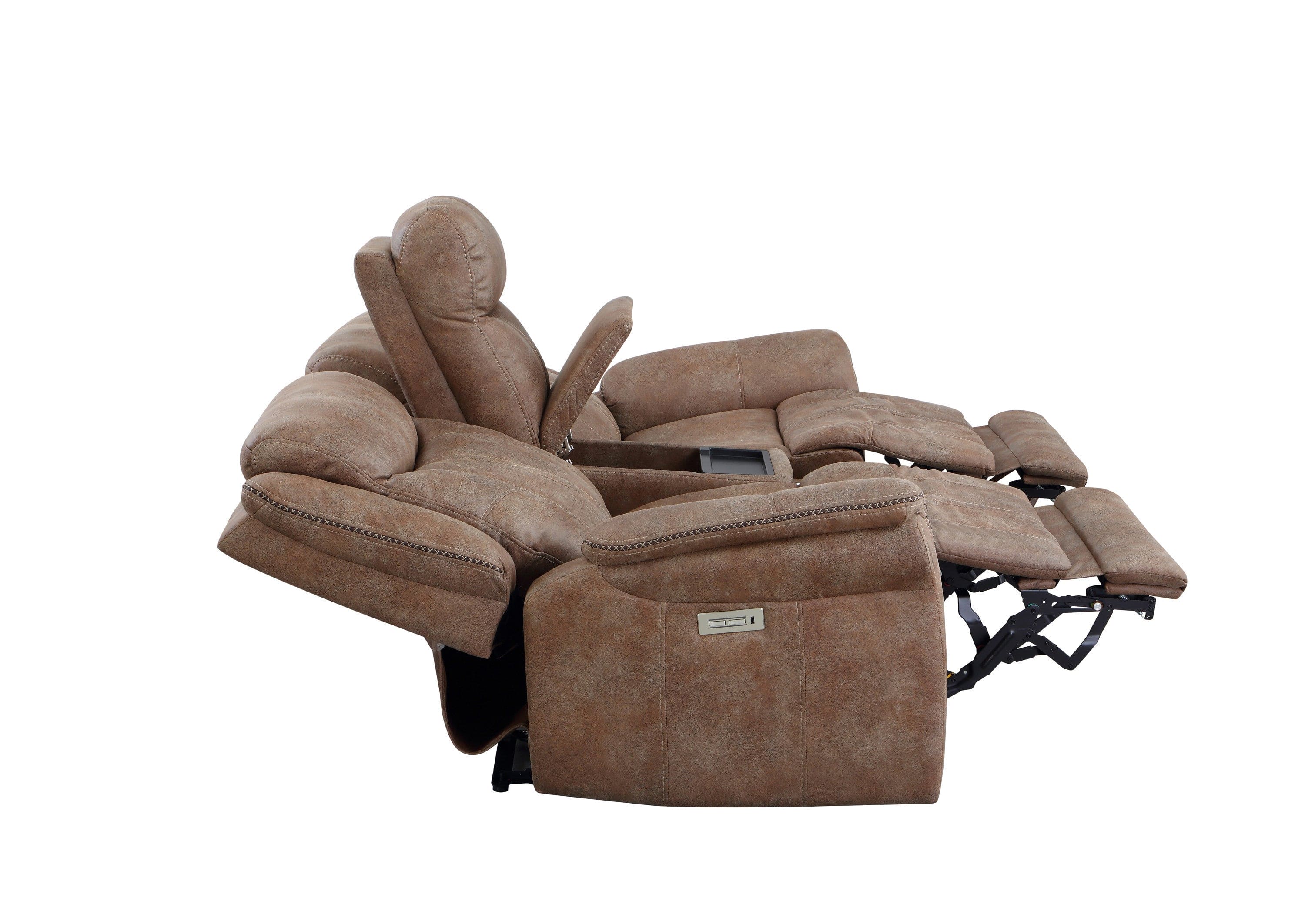 Transitional Console Loveseat - Warm Camel Faux-Suede, Power Footrest, Power Headrest - Concealed Cupholders, Built-In Console