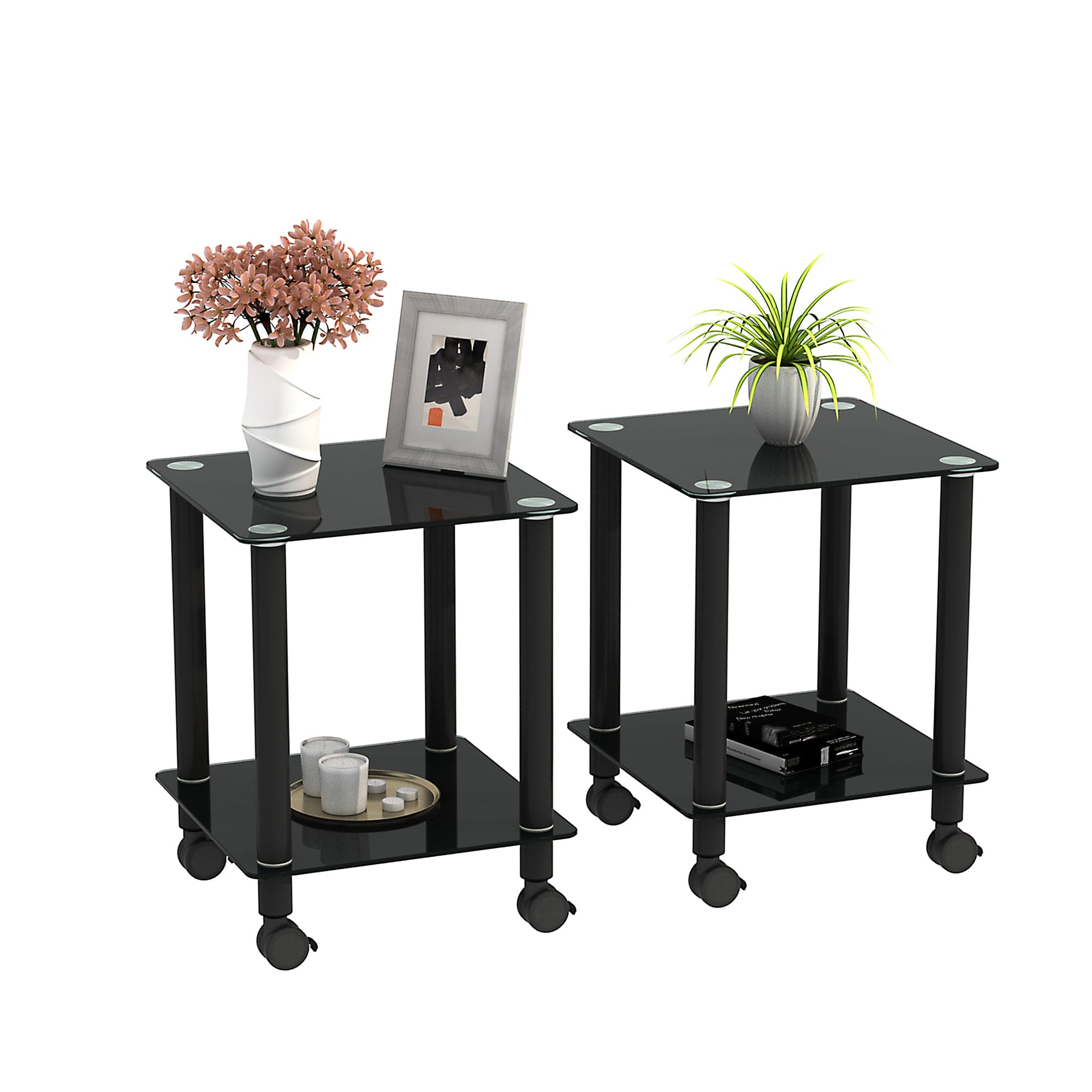 2-Piece Black Side Table , 2-Tier Space End Table ,Modern Night Stand, Sofa table, Side Table with Storage Shelve