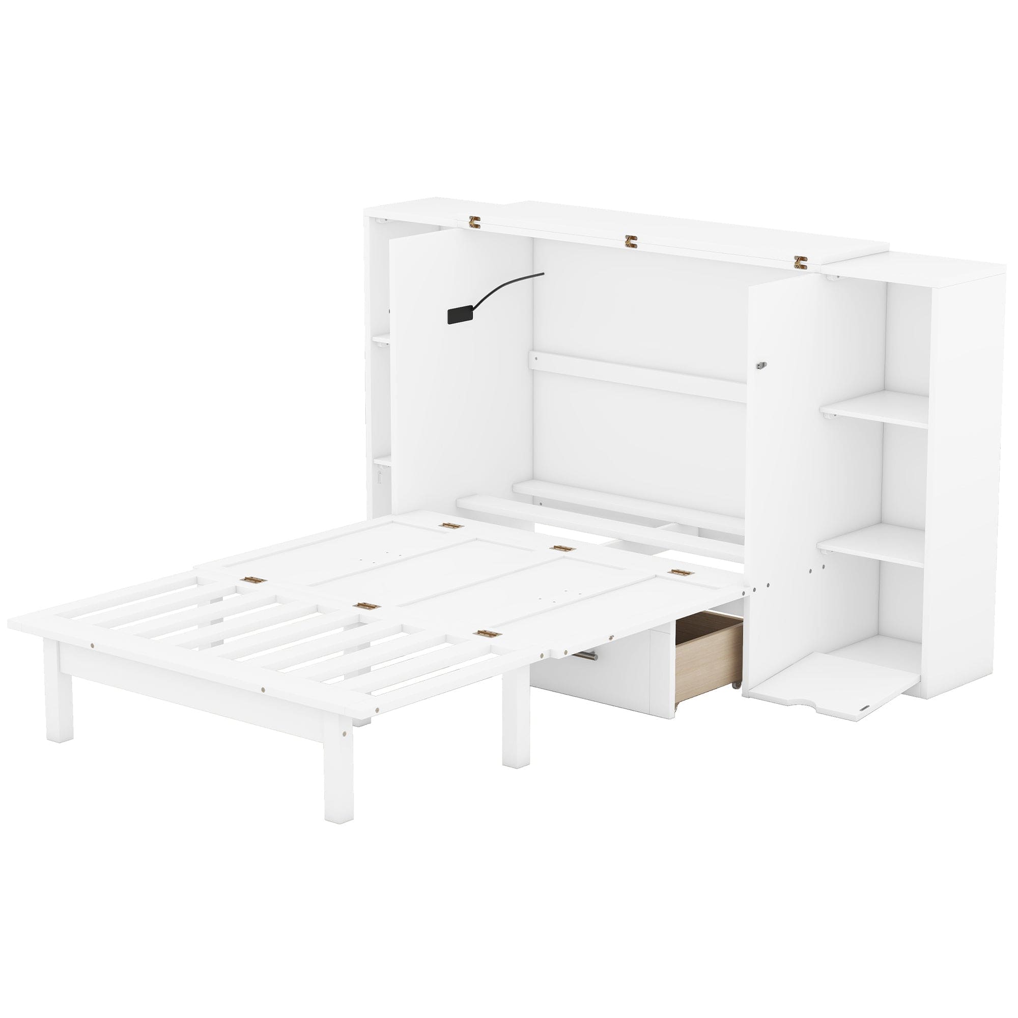 Queen Size Murphy Bed with Shelves, Drawers and USB Ports,White