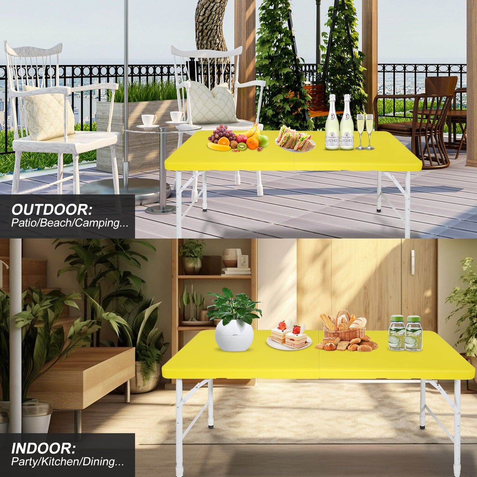 4ft Yellow Portable Folding Table Indoor&Outdoor Maximum Weight 135KG Foldable Table for Camping