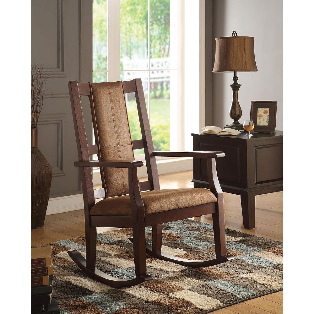 ACME Butsea Rocking Chair in Brown Fabric & Espresso 59378