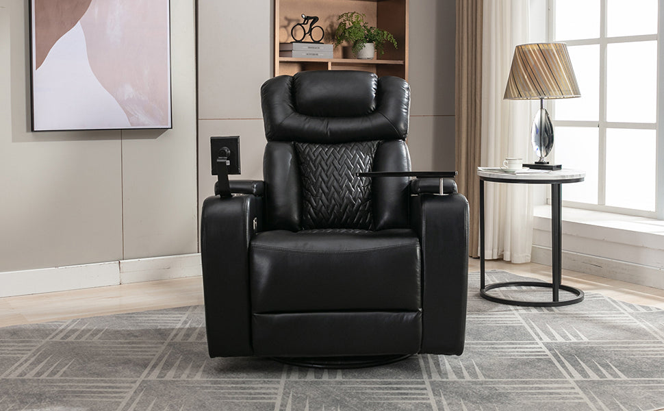 270 Degree Swivel PU Leather Power Recliner Individual Seat Home Theater Recliner with  Comforable Backrest, Tray Table,  Phone Holder, Cup Holder,  USB Port, Hidden Arm Storage for Living Room, Black