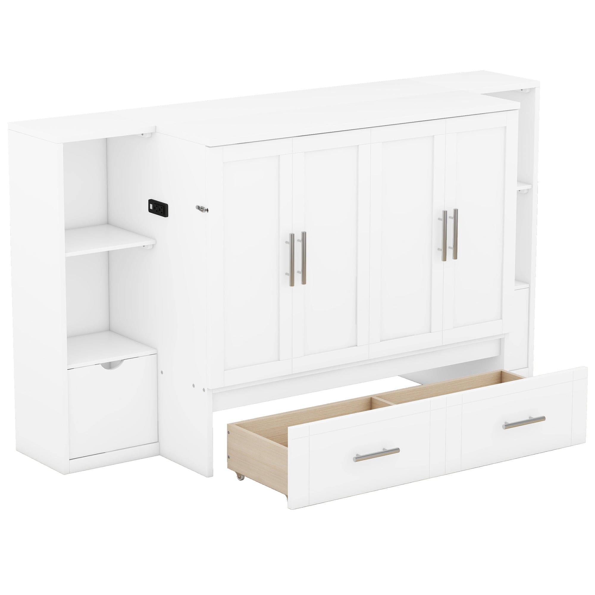 Queen Size Murphy Bed with Shelves, Drawers and USB Ports,White