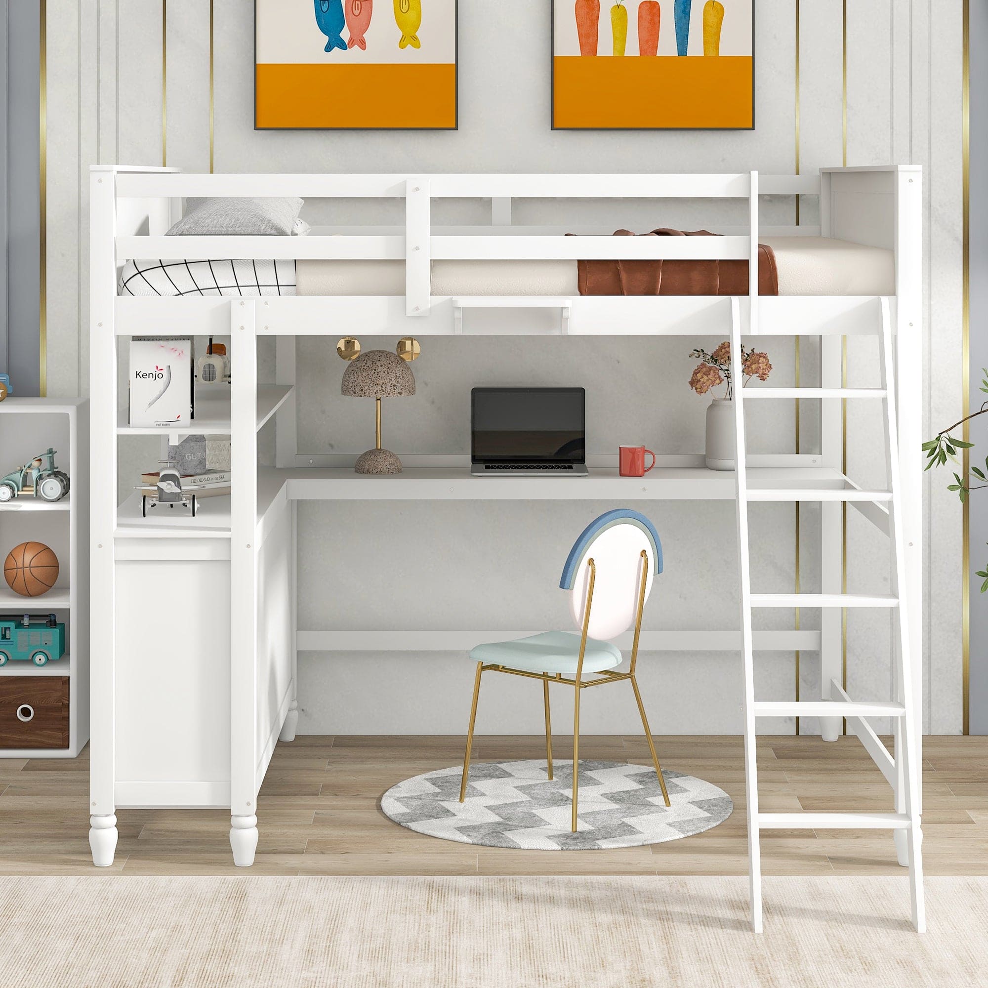 Full size Loft Bed with Drawers and Desk, Wooden Loft Bed with Shelves - White(OLD SKU:LT001529AAK)