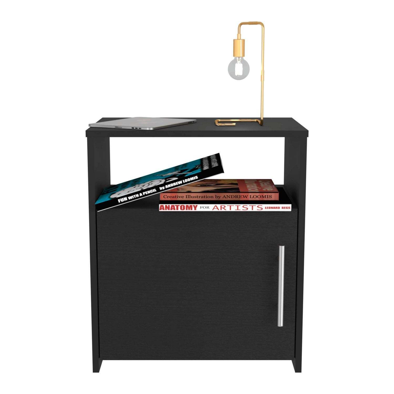 DEPOT E-SHOP Omaha Nightstand, Single Door Cabinet, Metal Handle, One Shelf, Superior Top, Black