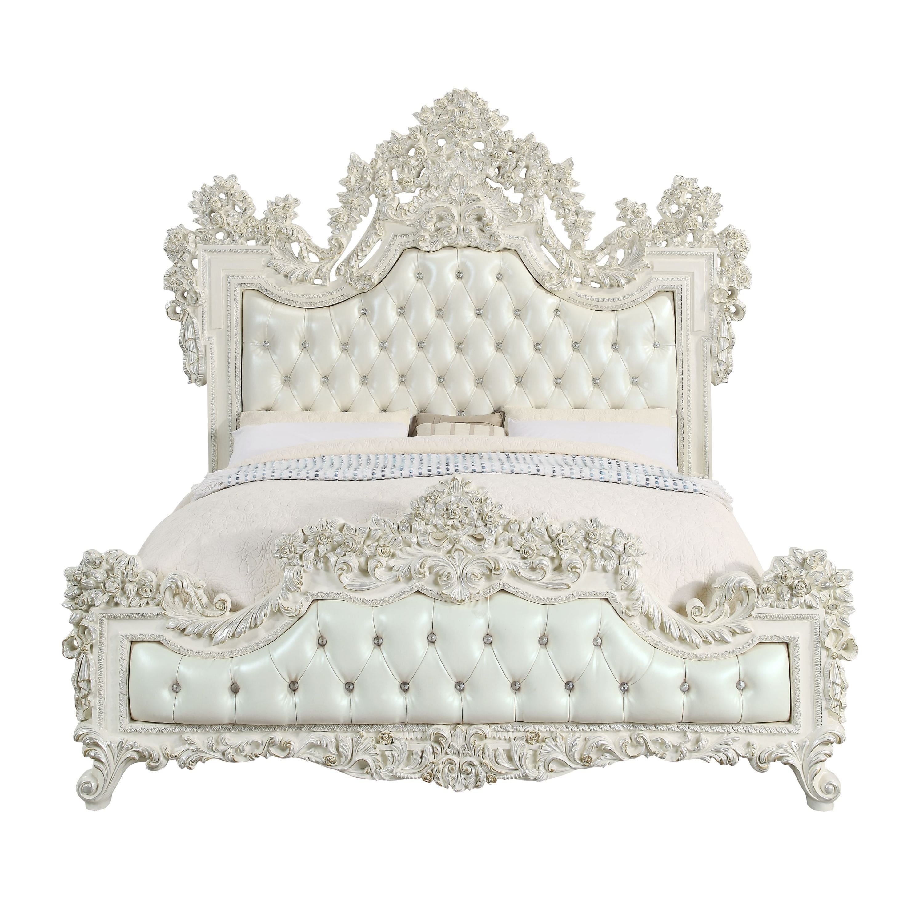 ACME Adara EK BED Pearl White PU & Antique White Finish BD01248EK