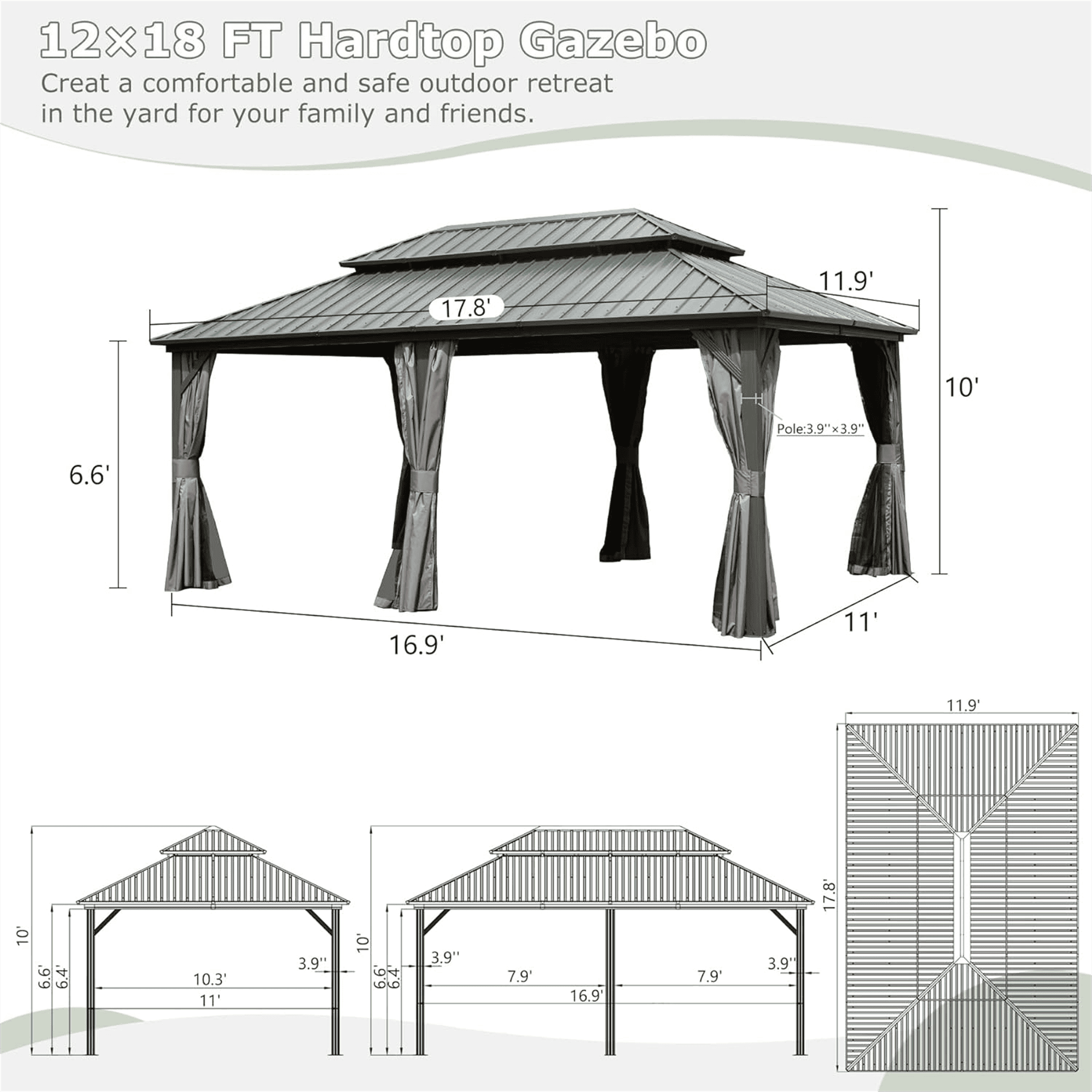 12' X 18' Hardtop Gazebo, Aluminum Metal Gazebo with Galvanized Steel Double Roof Canopy, Curtain and Netting, Permanent Gazebo Pavilion for Patio, Backyard, Deck, Lawn