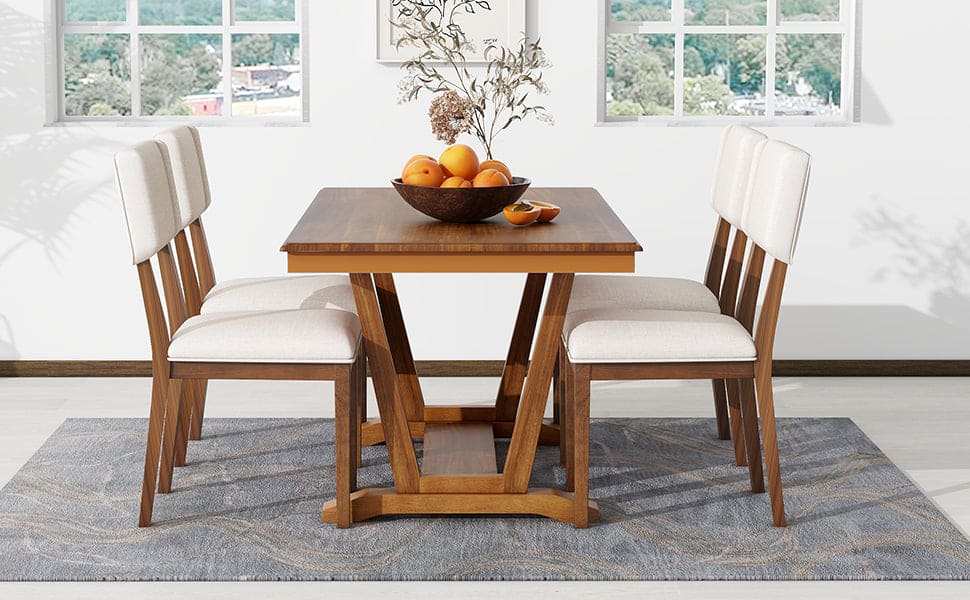 TOPMAX Rustic 5-piece Dining Table Set with 4 Upholstered Chairs, 59-inch Rectangular Dining Table with Trestle Table Base, Walnut