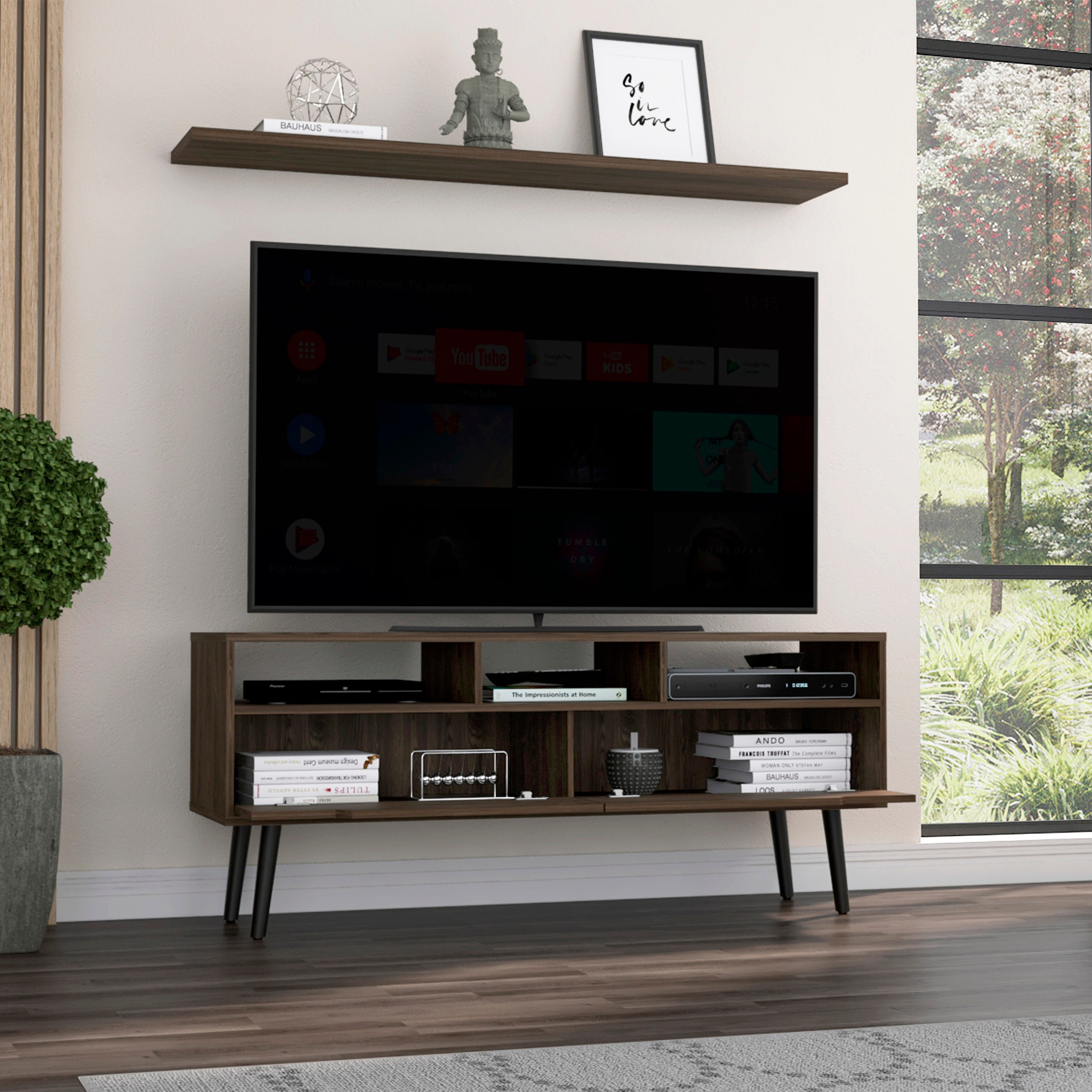 Oslo Tv Stand for TV´s up 51", Two  Drawers, Four Legs, Three Open Shelves -Dark Walnut