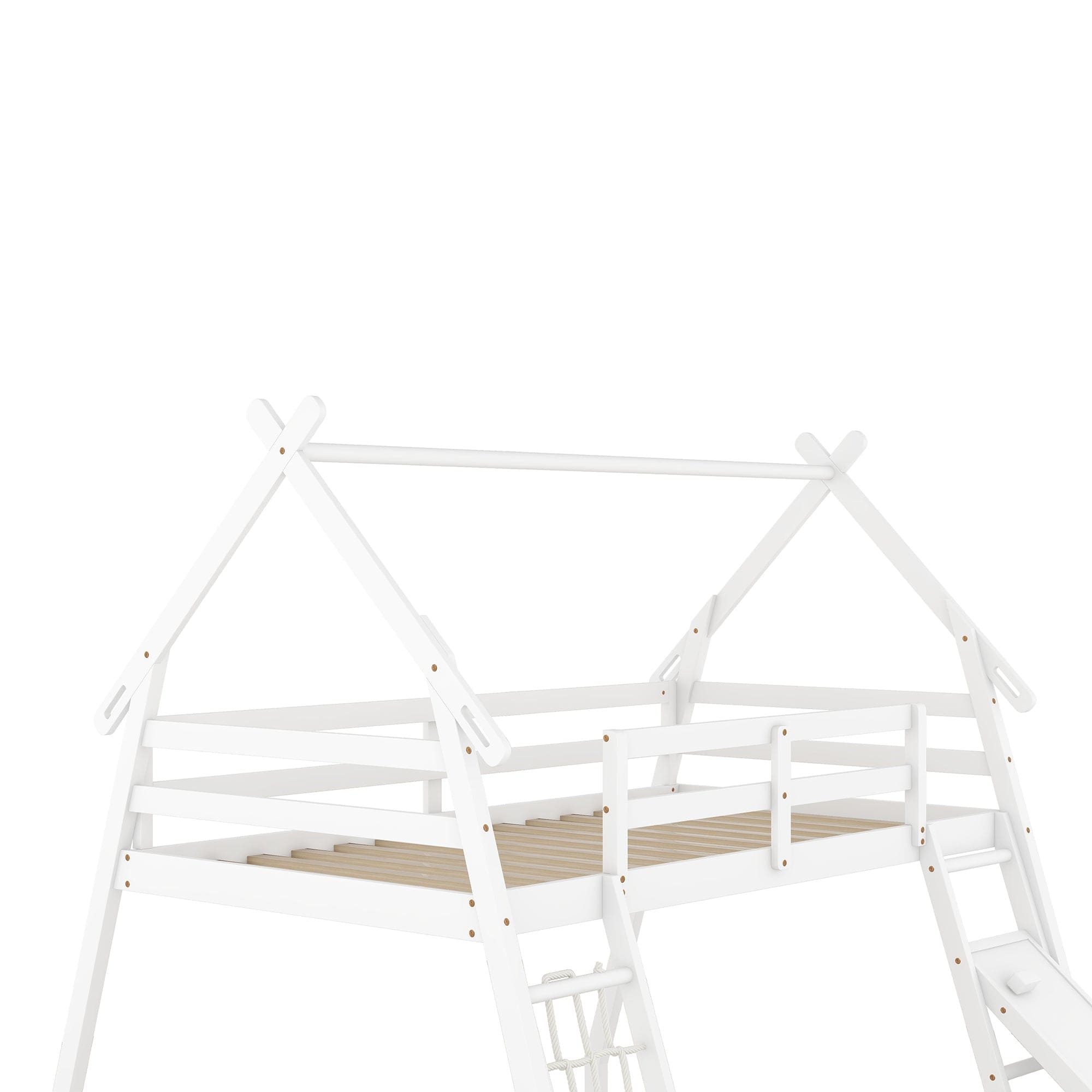 Twin over Queen House Bunk Bed with Climbing Nets and Climbing Ramp, White