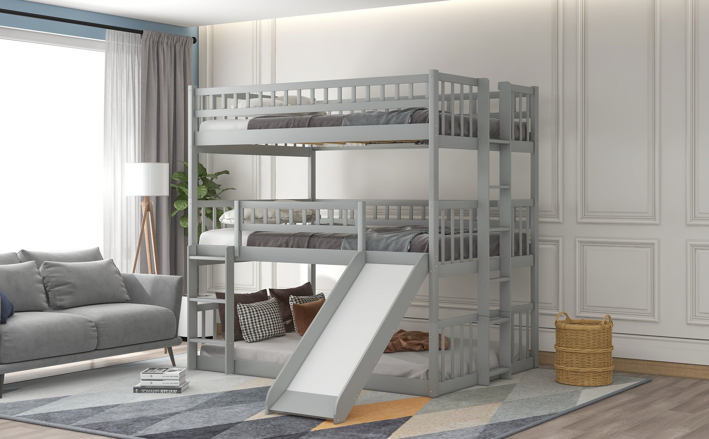 Full-Over-Full-Over-Full Triple Bed with Built-in Ladder and Slide , Triple Bunk Bed with Guardrails, Gray(OLD SKU :LP000052AAE)