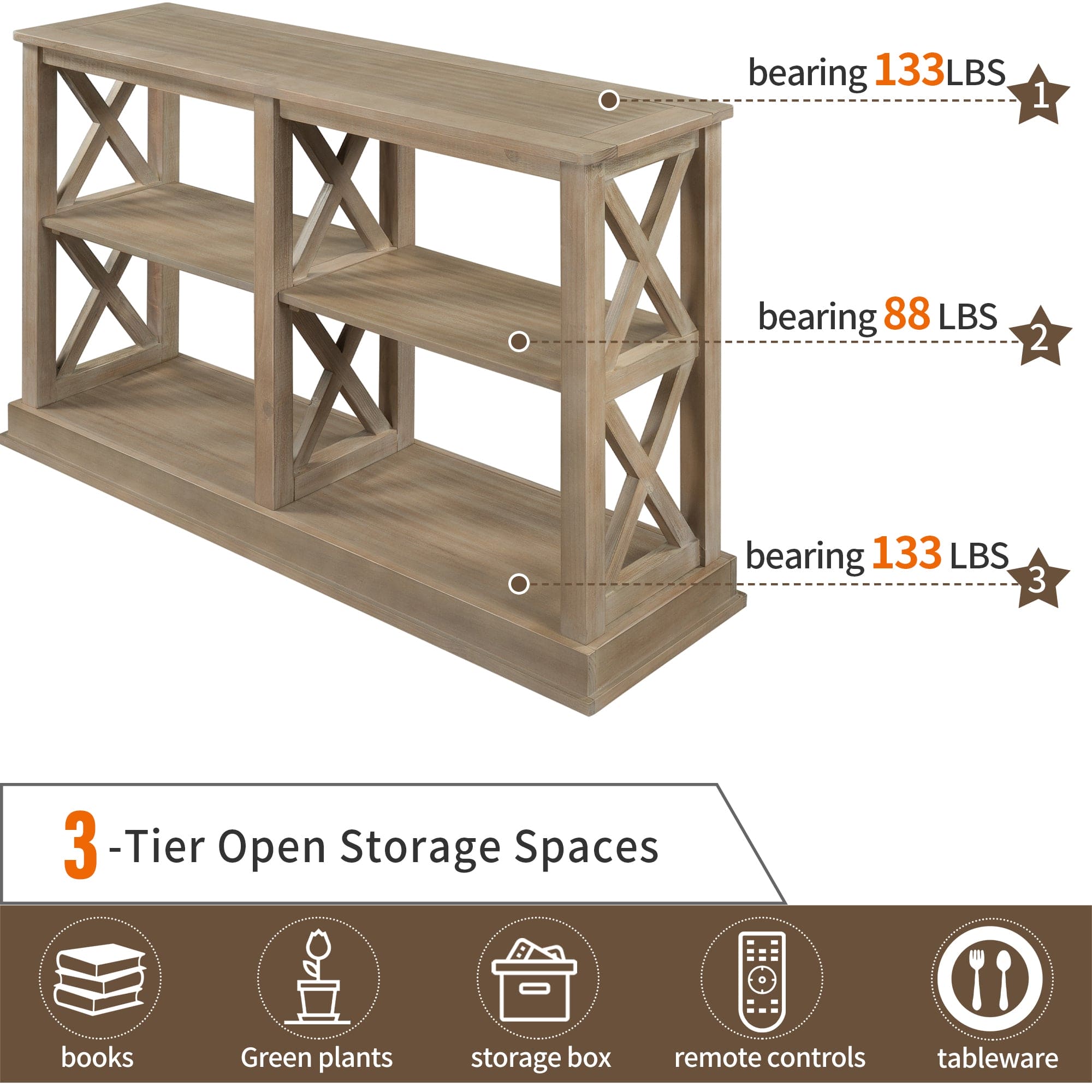 TREXM Console Table with 3-Tier Open Storage Spaces and “X” Legs, Narrow Sofa Entry Table for Living Room, Entryway and Hallway (White Wash)