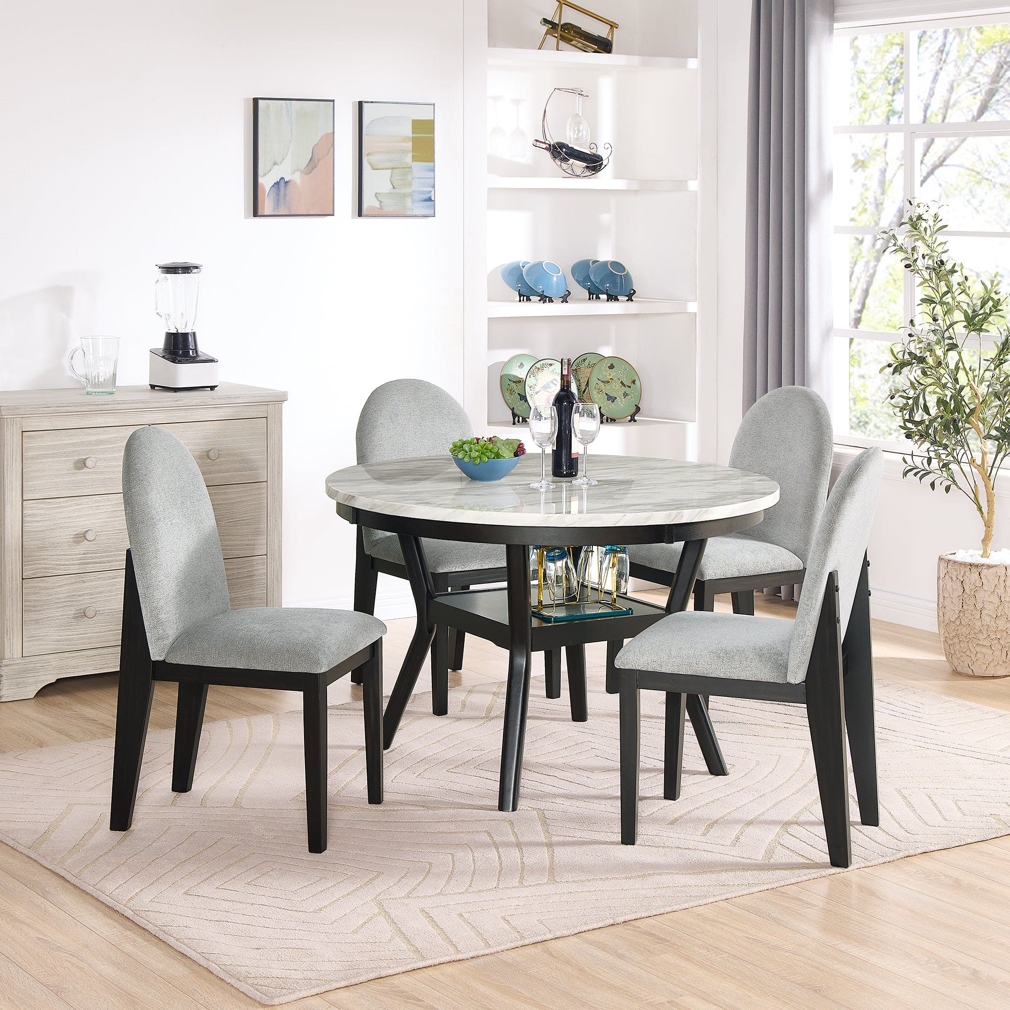 5 piece dining table and chair set, round dining table with 4 upholstered chairs, dining table set with storage