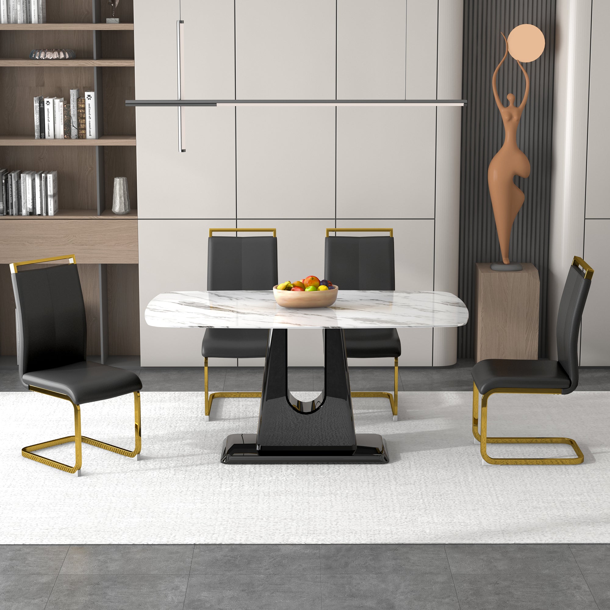 A modern, minimalist, and luxurious dining table with a white imitation marble tabletop and MDF legs with U-shaped brackets. Tables in restaurants and living rooms 63"*35.4"*30  F-U