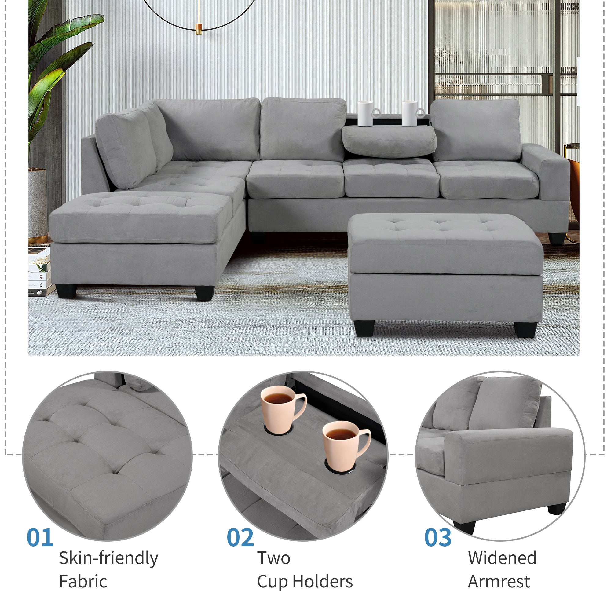 Orisfur. Modern Sectional Sofa with Reversible Chaise, L Shaped  Couch Set with Storage Ottoman and Two Cup Holders for Living Room