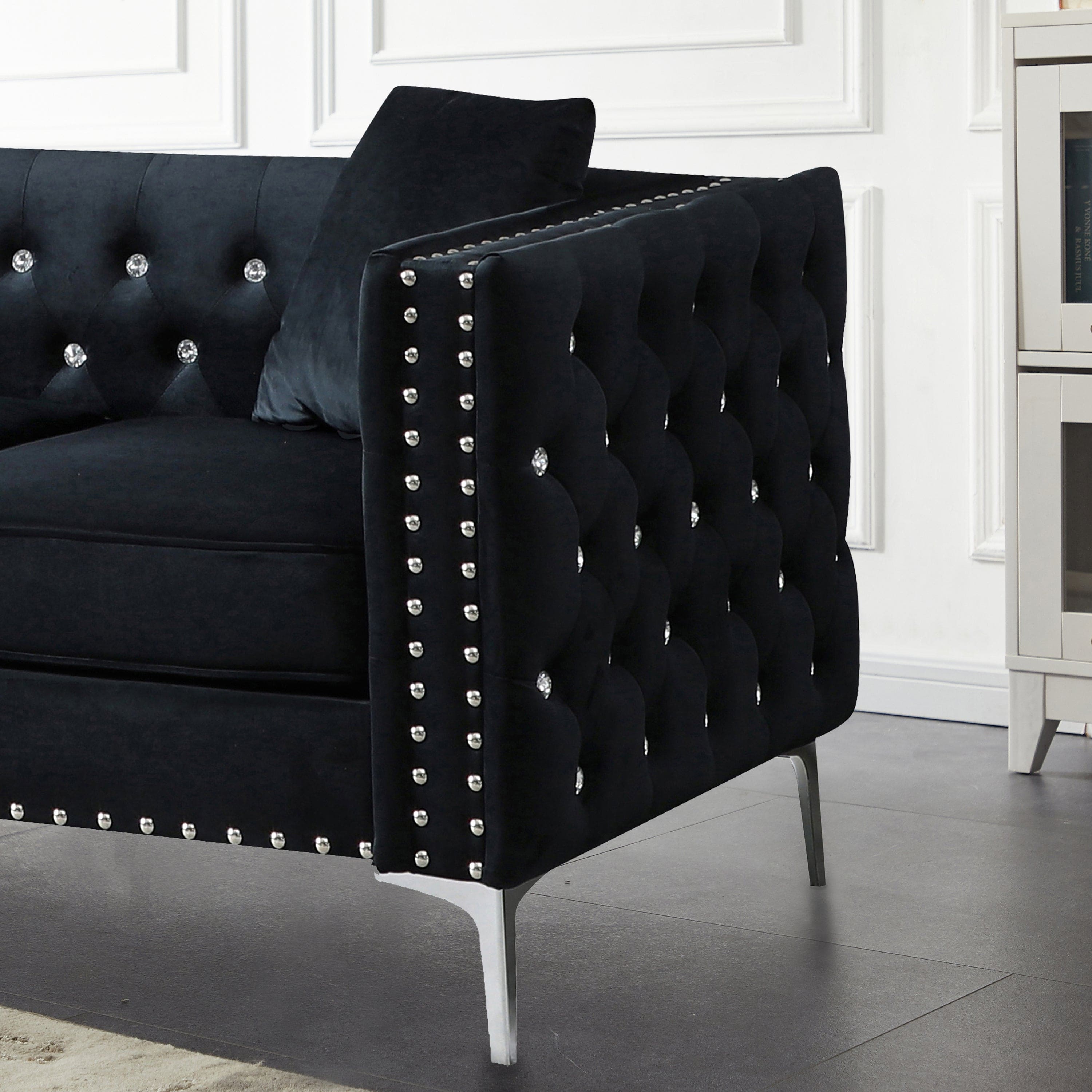 82.3" Width Modern Velvet Sofa Jeweled Buttons Tufted Square Arm Couch Black,2 Pillows Included