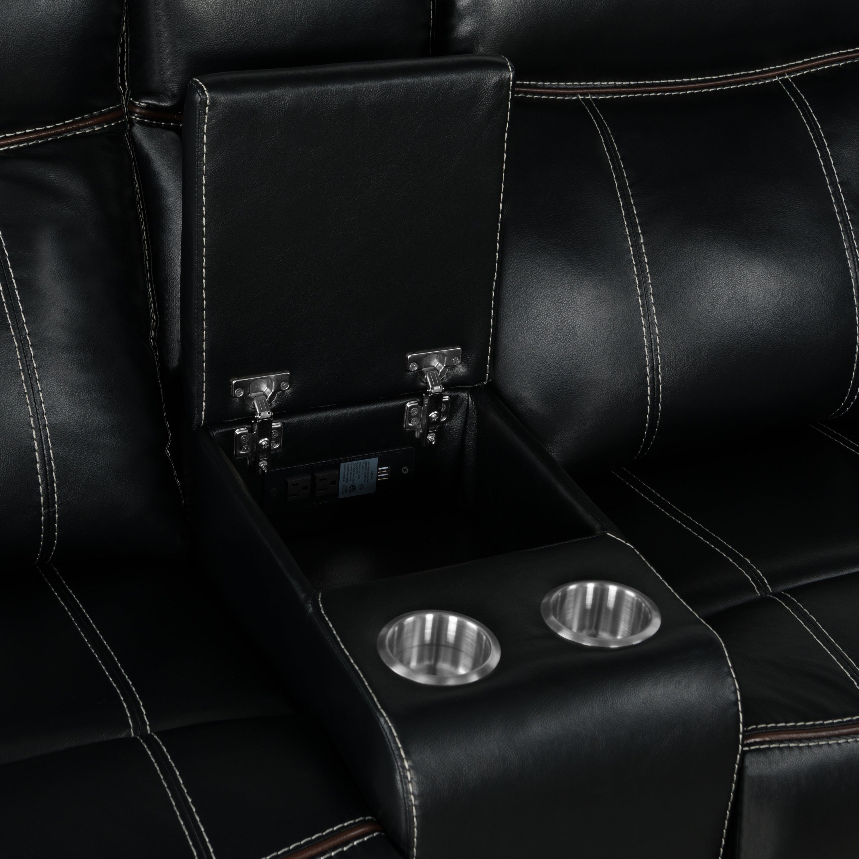 Home Theater Seating Manual Recliner with Cup Holder, Hide-Away Storage, 2 USB Ports and 2 Power Sockets for Living Room, Home Theater, Black