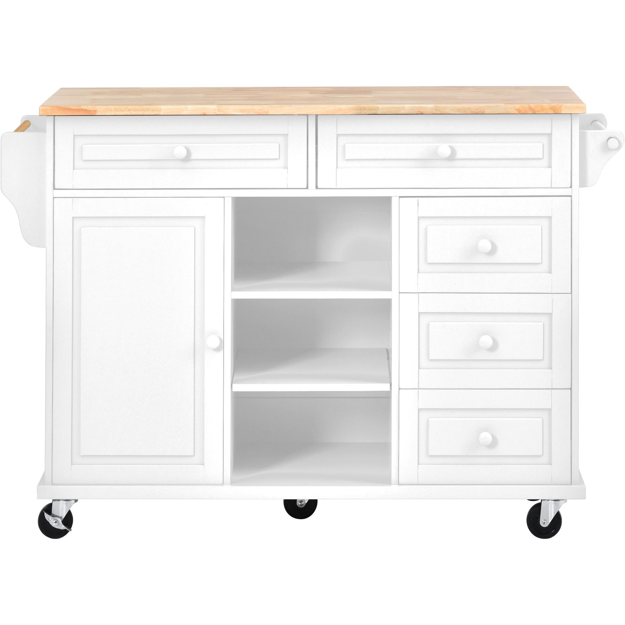 Kitchen cart with Rubber wood desktop rolling mobile kitchen island with storage and 5 draws 53 Inch  length(White)