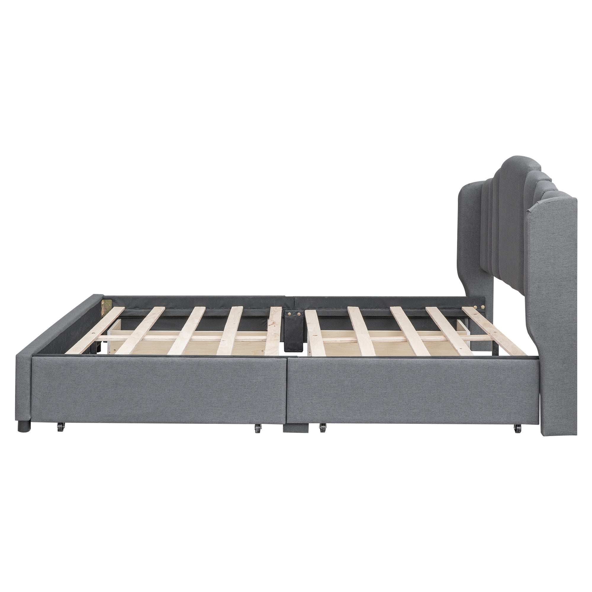 Upholstered Platform Bed with Wingback Headboard and 4 Drawers, No Box Spring Needed, Linen Fabric, Queen Size Gray