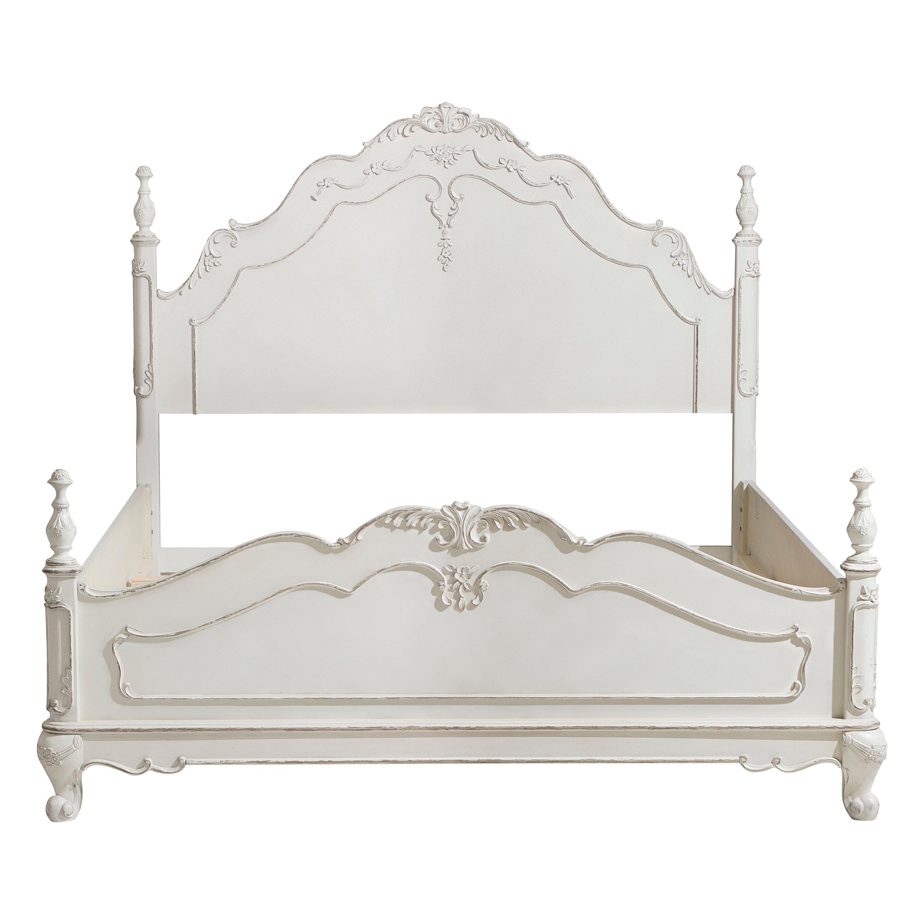 Victorian Style Antique White Queen Bed 1pc Traditional Bedroom Furniture Floral Motif Carving Classic Look Posts