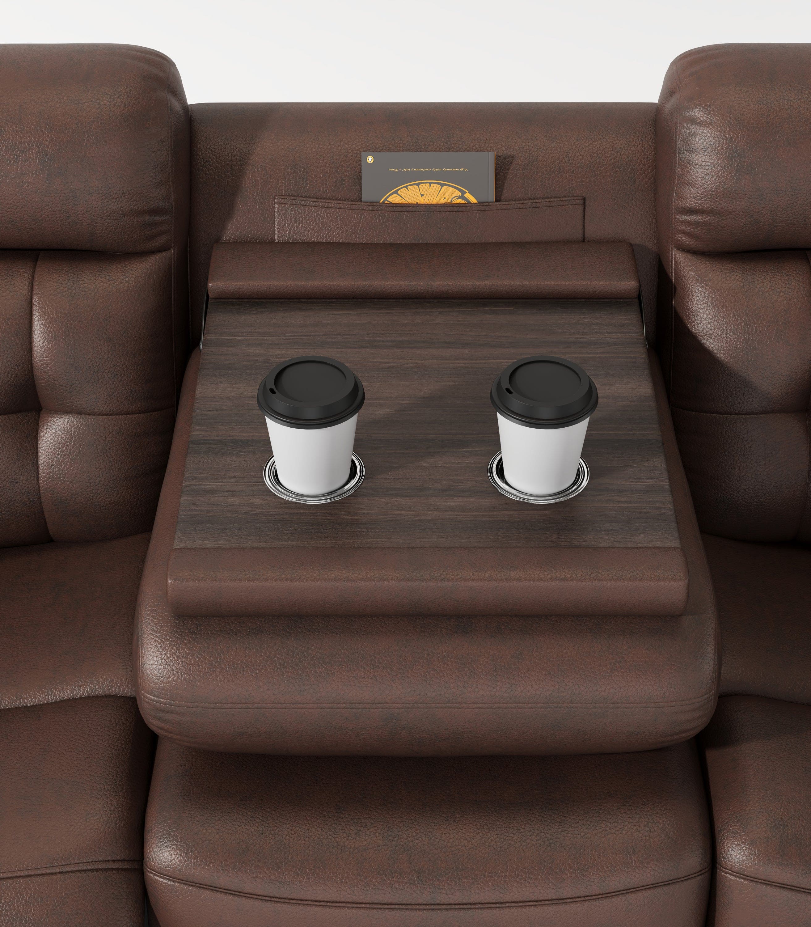 Genuine Leather Non-Power Reclining Sofa with Drop Down Table,Stainless Steel Cupholders and Magazine bag- Brown